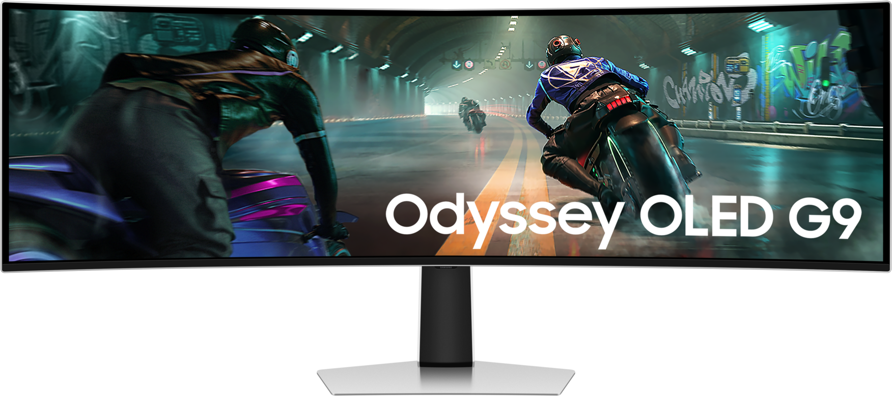 Motorradfahrer rasen durch einen Tunnel. Der gebogene Bildschirm zeigt die Szene mit dem Text 'Odyssey OLED G9' unten.