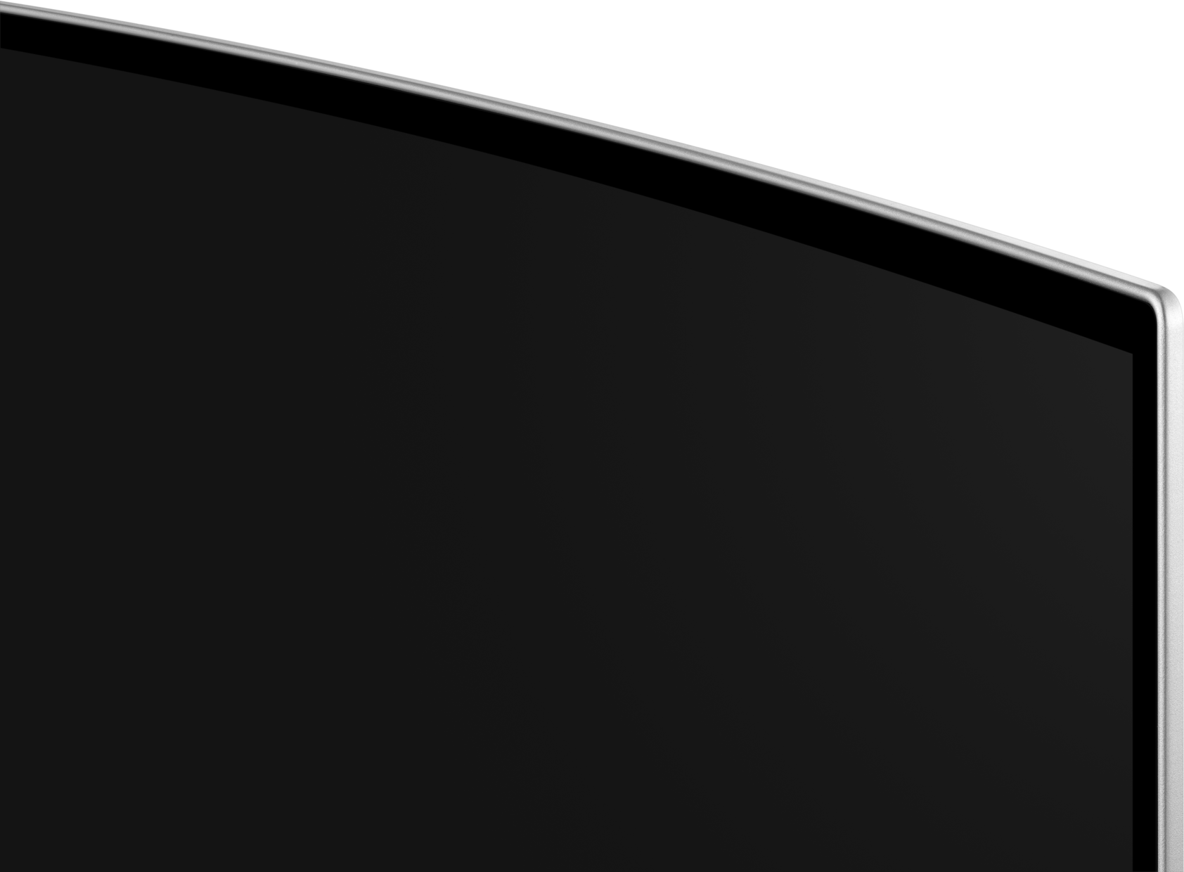 Ein schwarzer Bildschirm mit silbernem Rahmen. Die oberen und rechten Ränder sind sichtbar, mit einem geschwungenen Design.