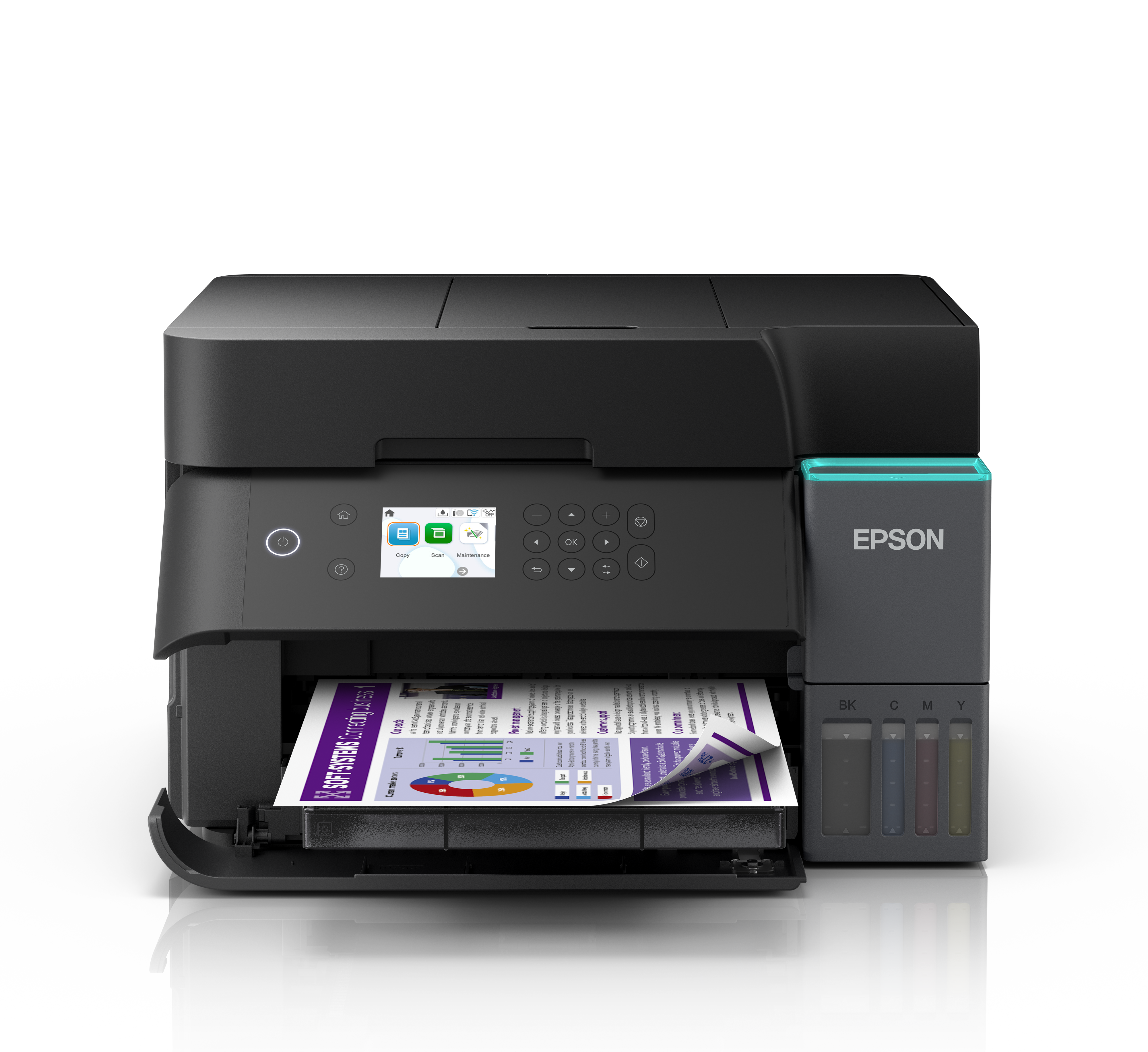 Schwarzer Epson-Drucker mit einem gedruckten Dokument im Fach, Farbtintentanks an der Seite und schwarzem Hintergrund.