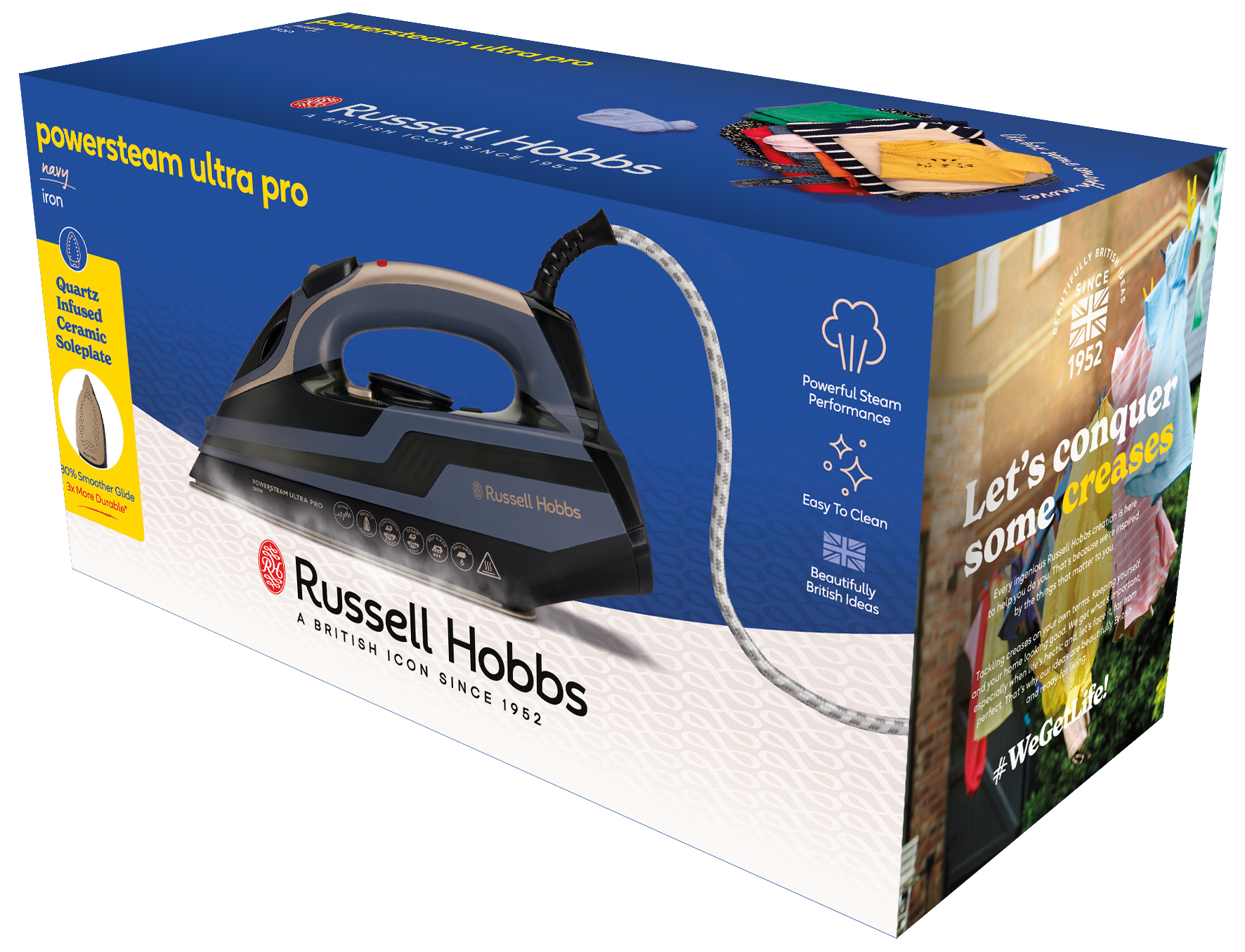 Karton eines marineblauen Bügeleisens mit dem Namen Russell Hobbs. Die Box zeigt gebügelte Kleidung und Dampfsymbole.