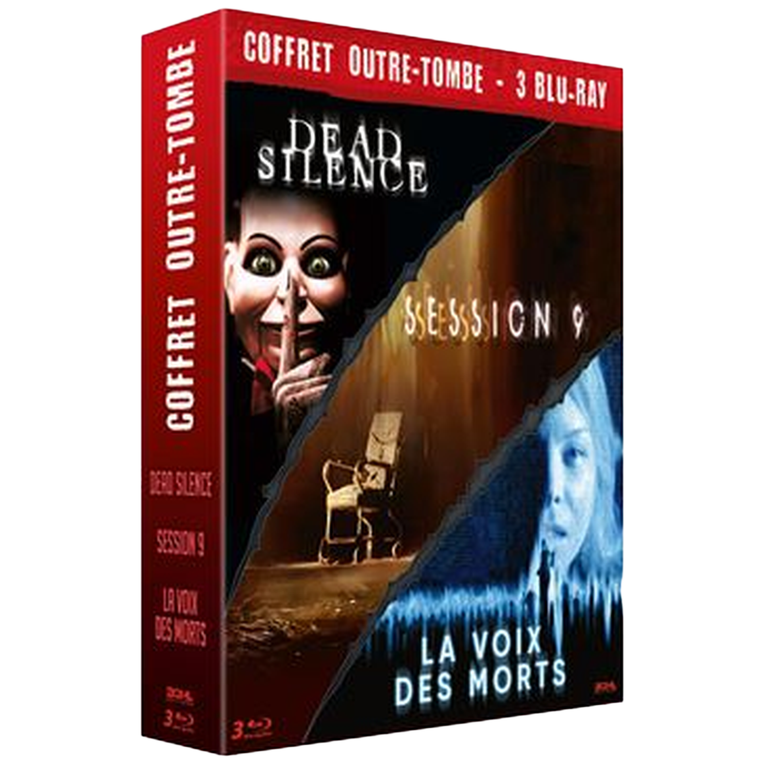 DVD-box met horrortitels: Dead Silence, Session 9 en La Voix Des Morts. Toont een pop, een stoel en het gezicht van een vrouw.