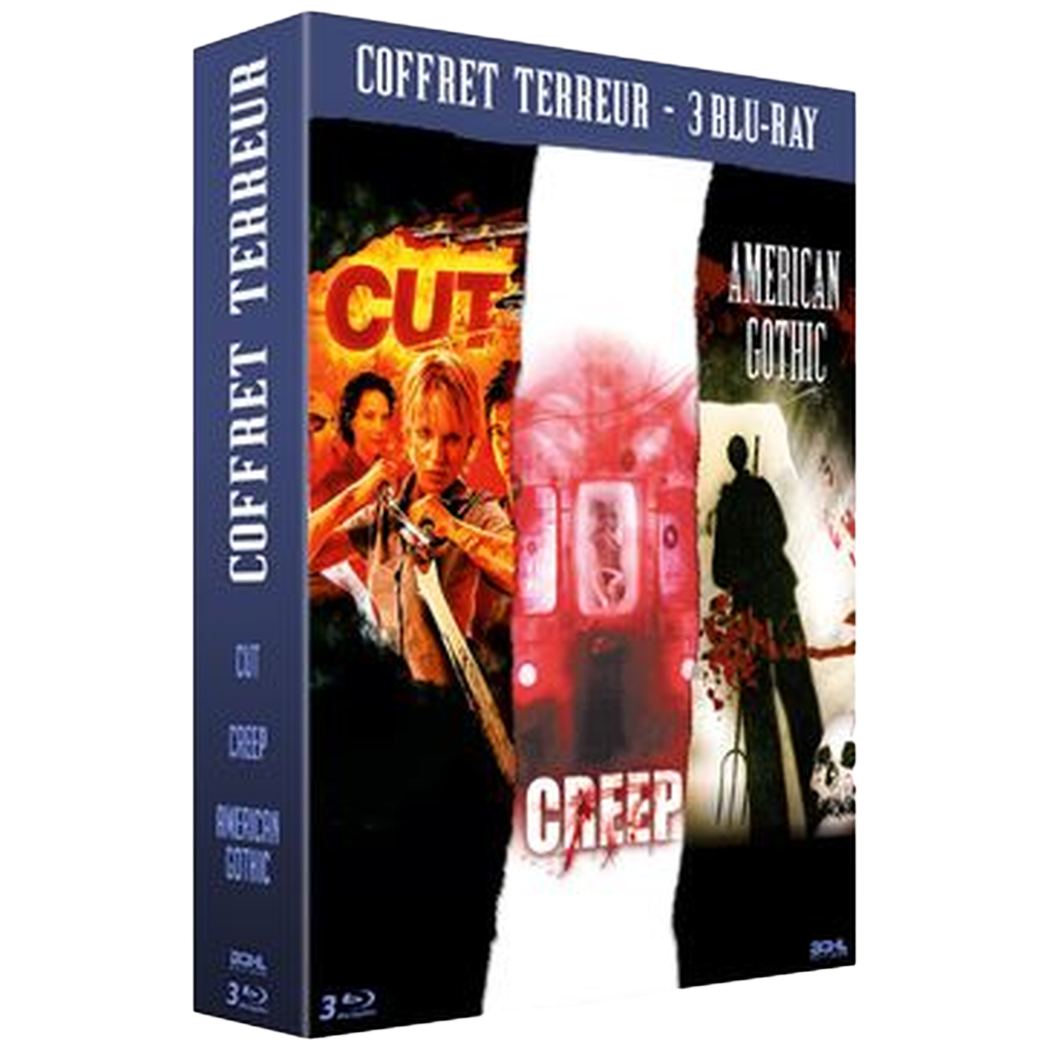 Blu-ray boxset getiteld 'Coffret Terreur'. Bevat horrorfilmposters van 'Cut', 'Creep' en 'American Gothic'. Donker, met rode en zwarte tinten.