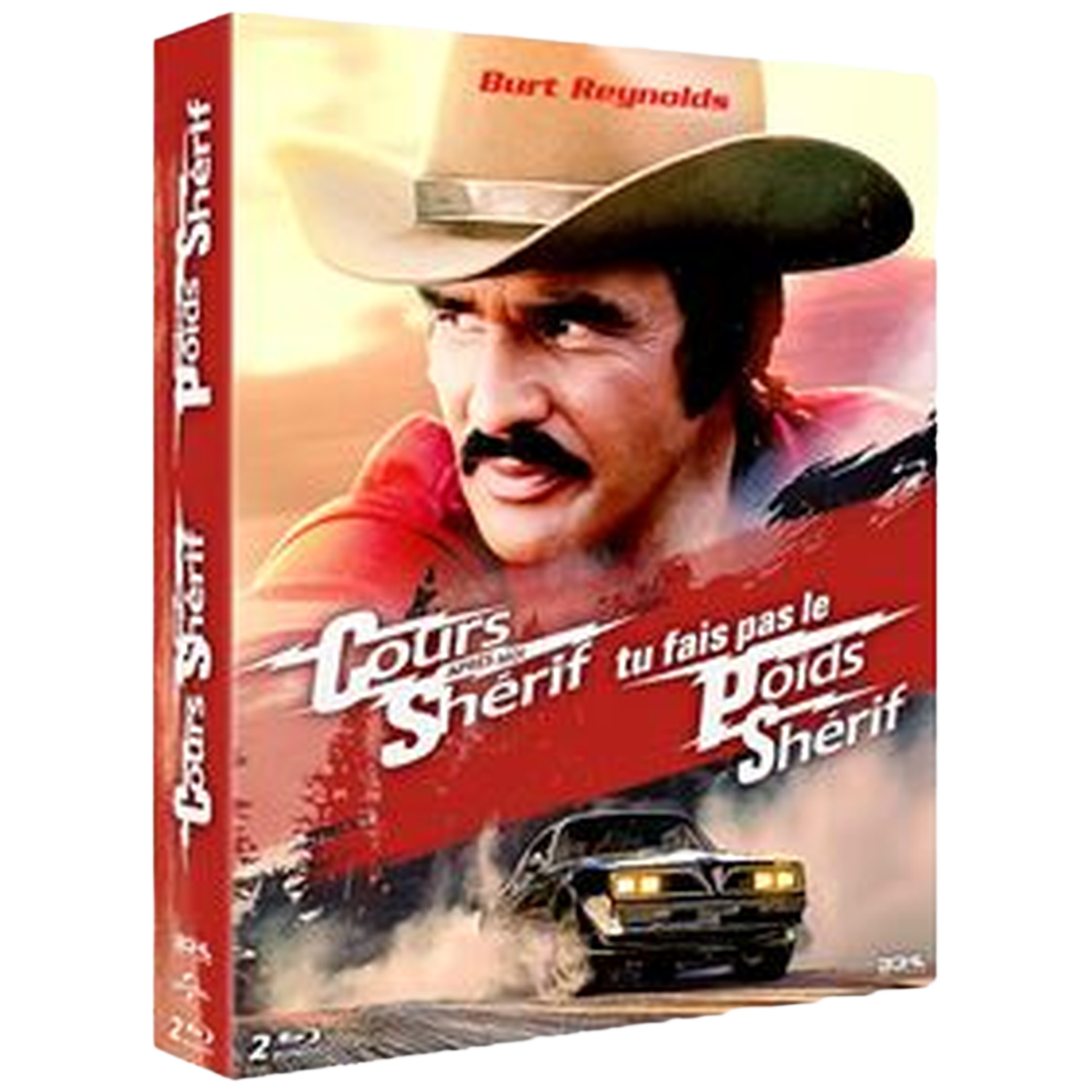 DVD-hoes. Burt Reynolds met cowboyhoed. Titel: 'Cours Sherif tu fais pas le Poids Sherif'. Een auto rijdt. Rode en witte achtergrond.
