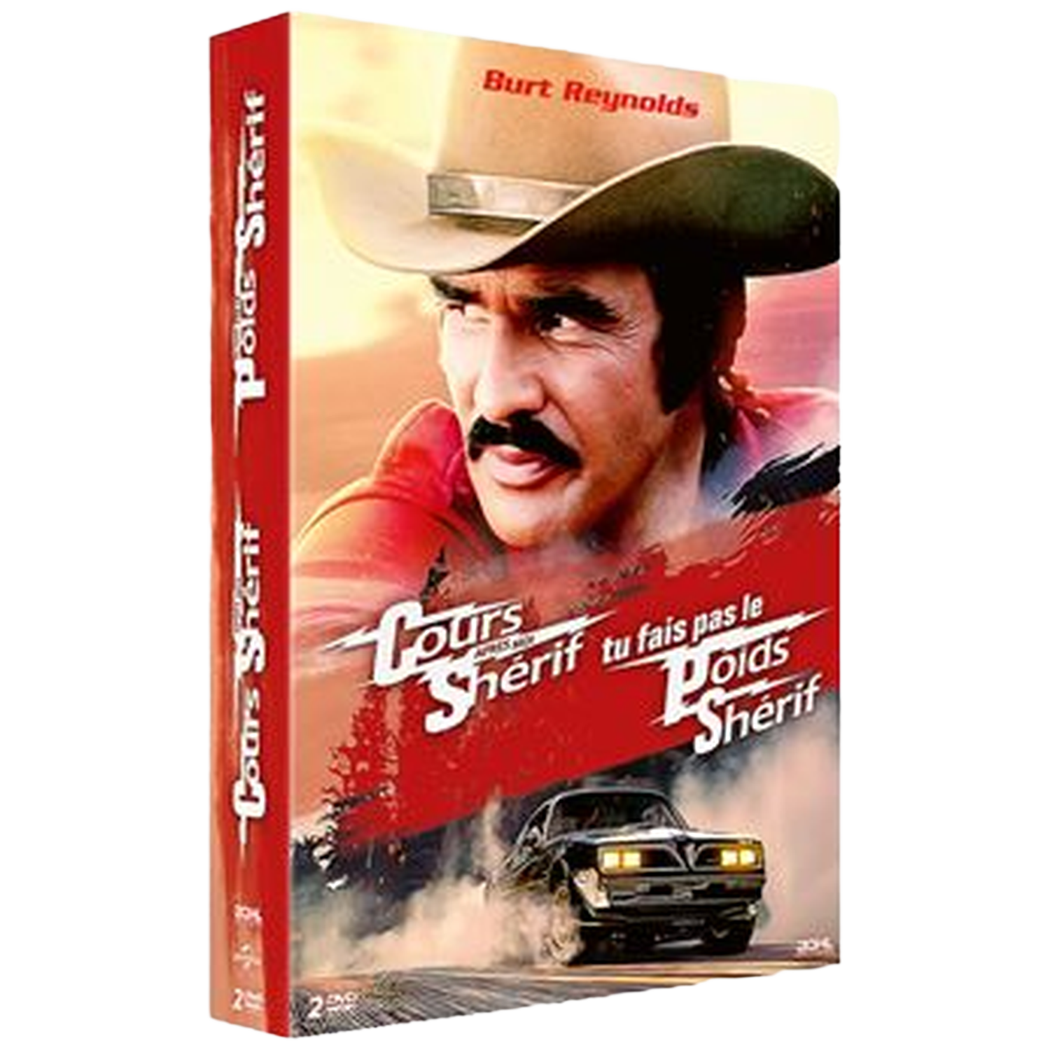 DVD-hoes. Burt Reynolds met cowboyhoed. Titel in het Frans: Cours Sherif tu fais pas le Poids Sherif. Een zwarte auto op de achtergrond.