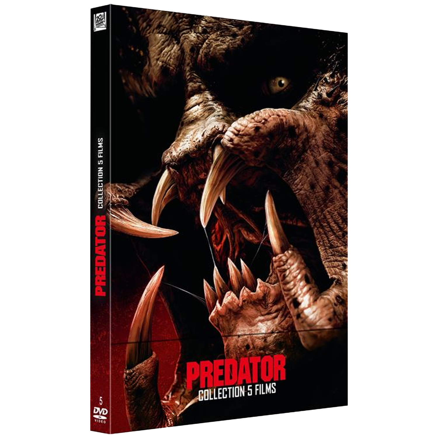 Coffret DVD des films Predator. La couverture présente un gros plan du visage du Predator avec de grandes dents et des griffes acérées.