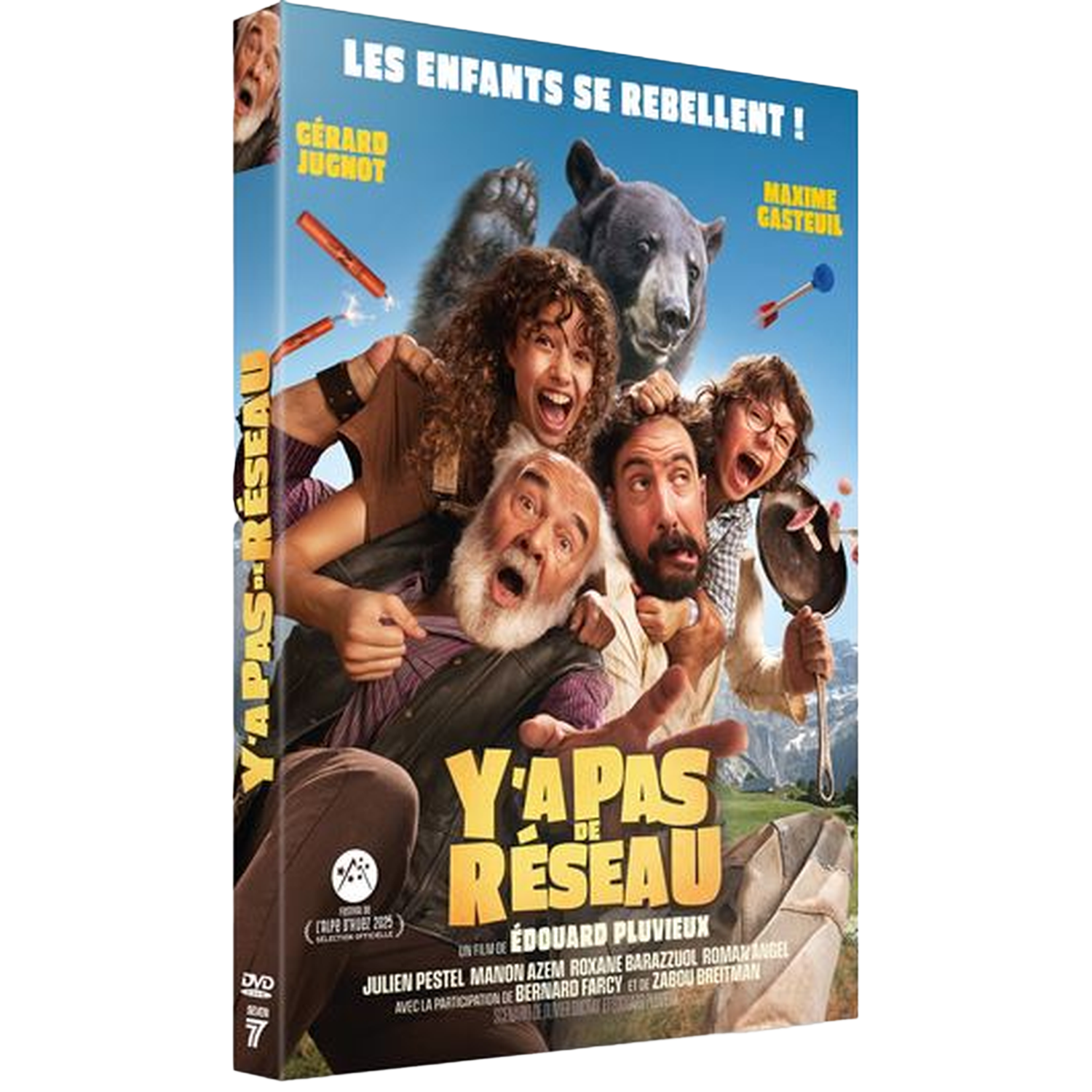 Couverture de DVD. Un groupe de personnes et un ours sont représentés. Le texte comprend le titre du film 'Y'a pas de réseau'.