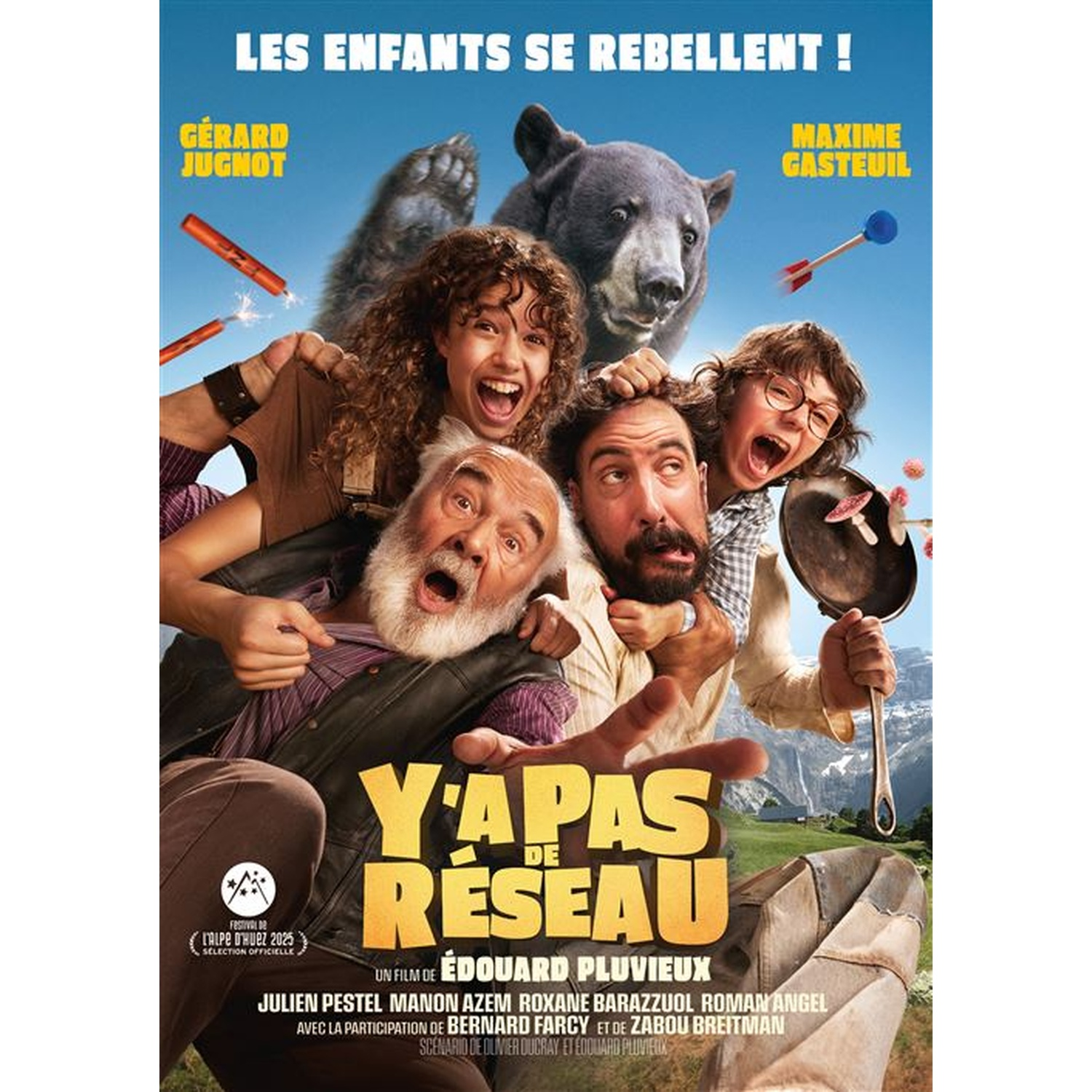 Affiche du film 'Y'a pas de réseau', avec des acteurs, un ours et un fond de ciel bleu avec du texte.