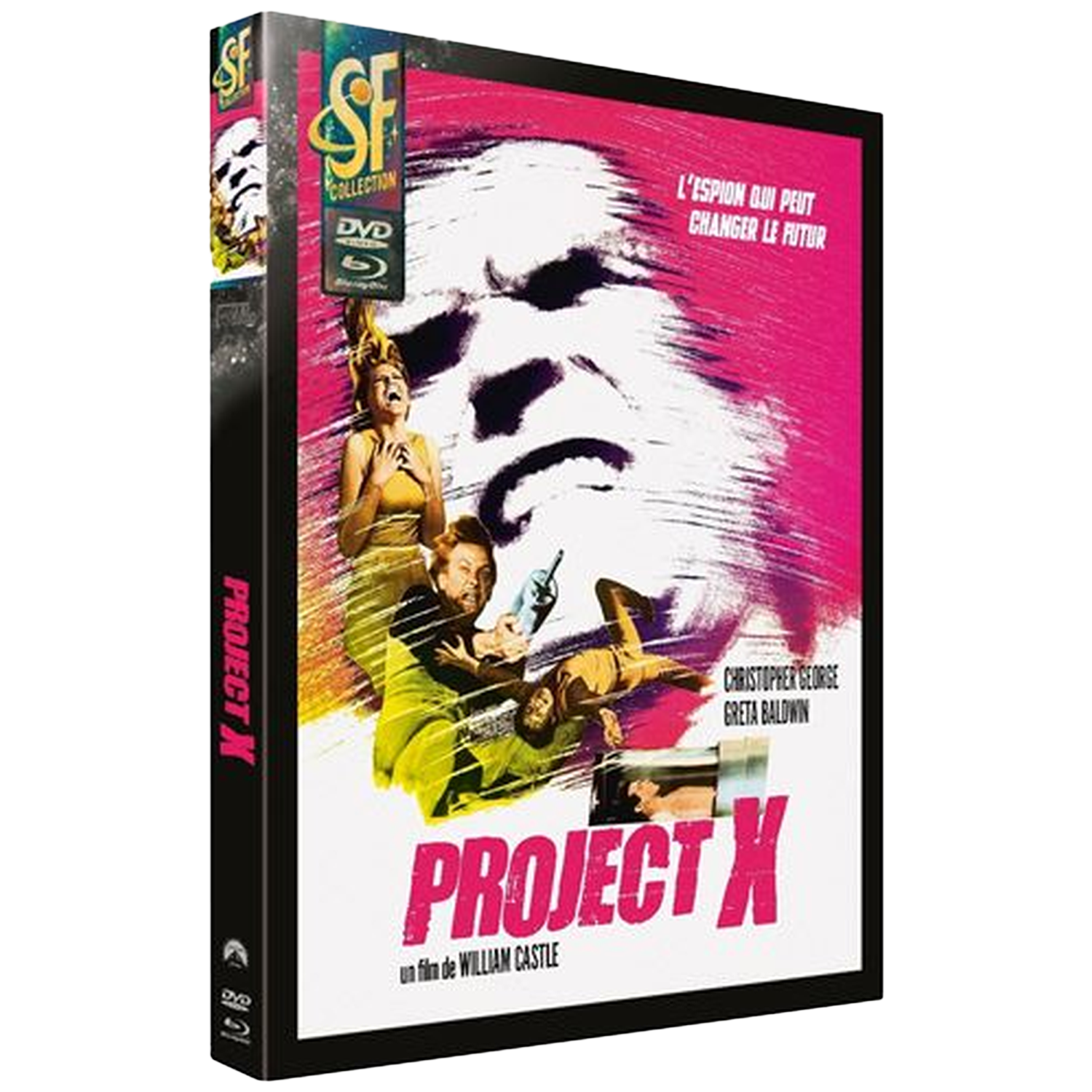 Couverture DVD de 'Project X'. Comprend un grand visage, des acteurs et du texte en rose et blanc. Une femme crie.