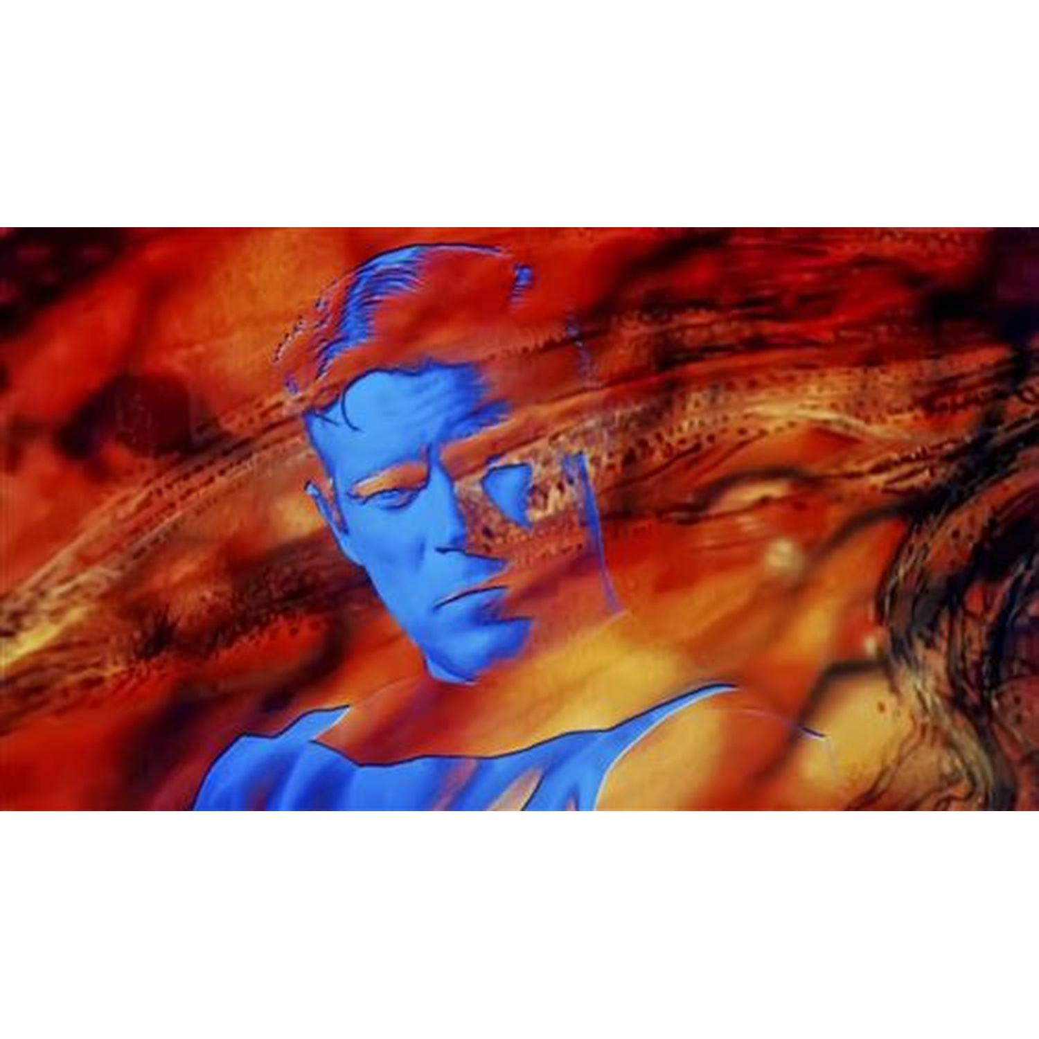 Un visage bleu aux yeux fermés sur un fond rouge et orange. Le visage est stylisé et semble être une œuvre d'art numérique.