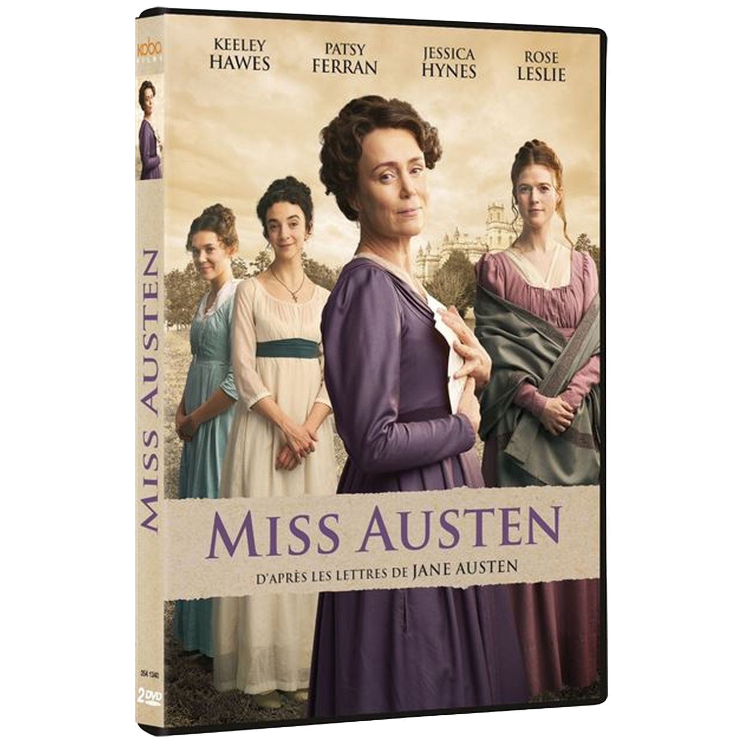 La jaquette du DVD 'Miss Austen' présente des femmes en costumes d'époque. Le titre est en évidence. Noms des acteurs en haut.