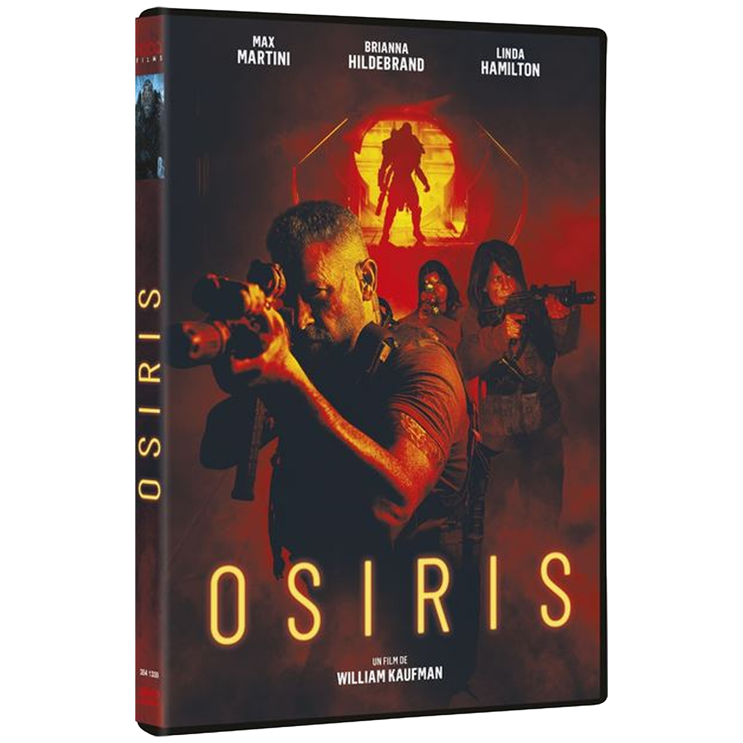 Couverture DVD du film 'Osiris'. Un homme vise avec une arme au premier plan. D'autres personnages avec des armes sont en arrière-plan. Le titre est jaune.