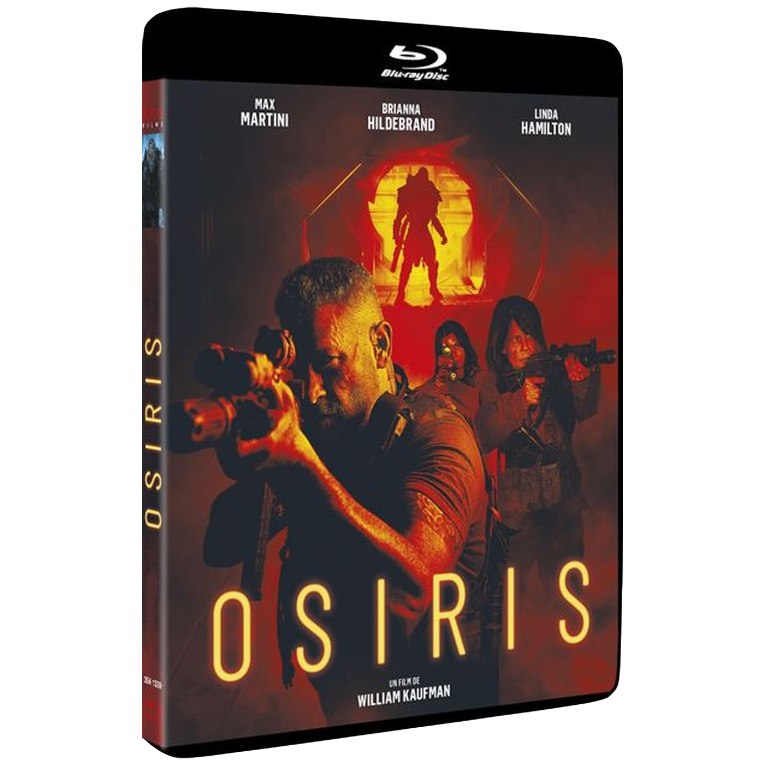 Couverture Blu-ray pour 'Osiris'. Un homme vise avec une arme, d'autres derrière lui. Titre en or, noms d'acteurs. Fond rouge et orange.