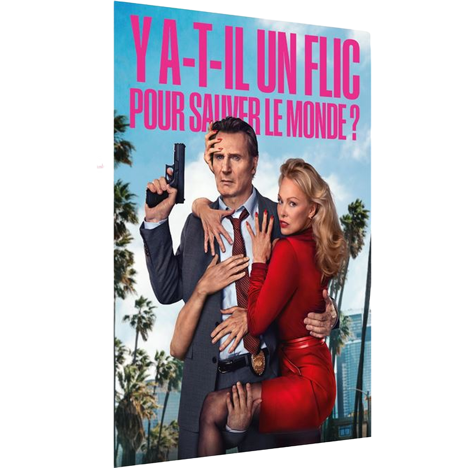 Affiche de film avec un homme tenant une arme à feu, étreint par des bras. Une femme en rouge et des palmiers en arrière-plan.