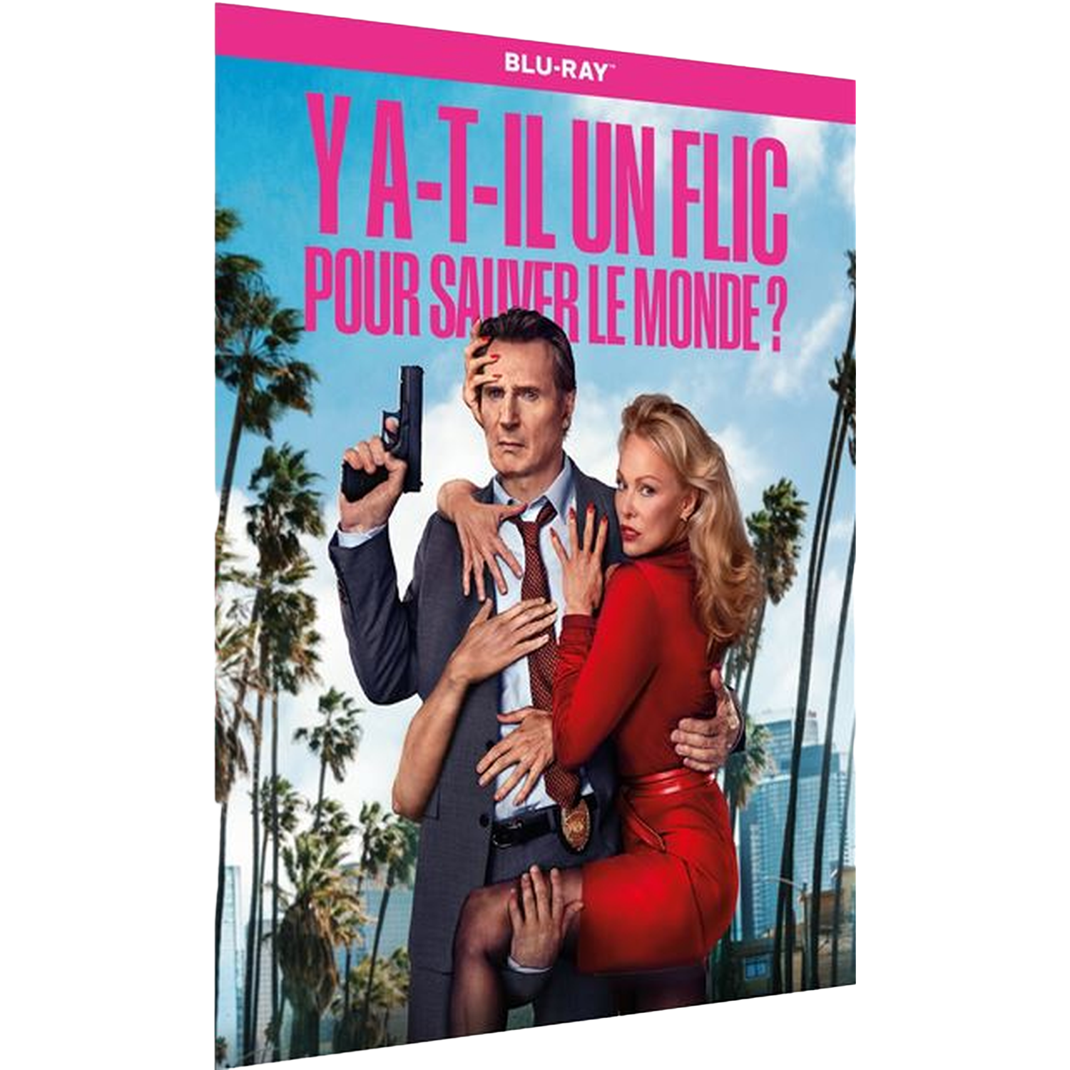 Affiche de film avec un homme tenant une arme, étreint par une femme en rouge. Texte : Ya-t-il un flic pour sauver le monde ?