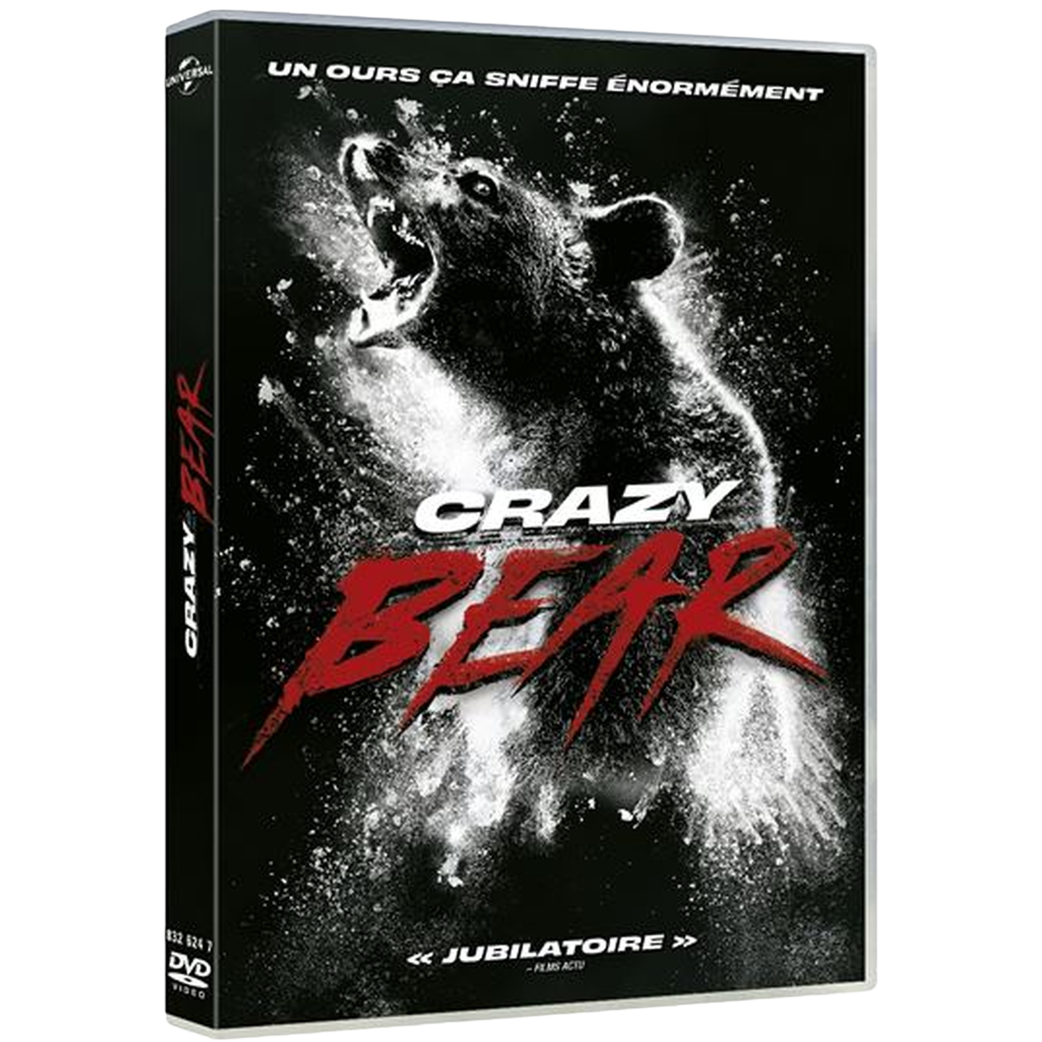 Couverture DVD de 'Crazy Bear'. Un ours rugissant est au centre. Texte du titre rouge sur fond noir. Effet de poudre blanche.