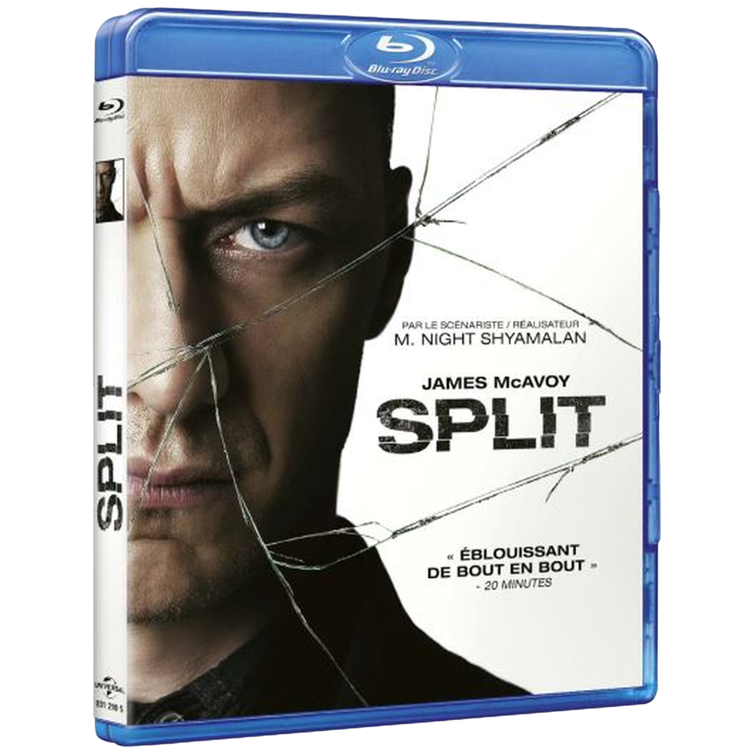 Jaquette Blu-ray du film Split. Visage de James McAvoy avec des fissures. Le texte comprend "Split" et le nom du réalisateur.