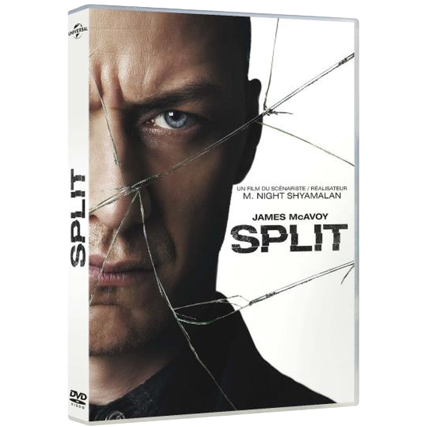 Couverture DVD du film 'Split'. Le visage d'un homme est divisé, avec le titre 'Split' en dessous. Texte: 'James McAvoy'.