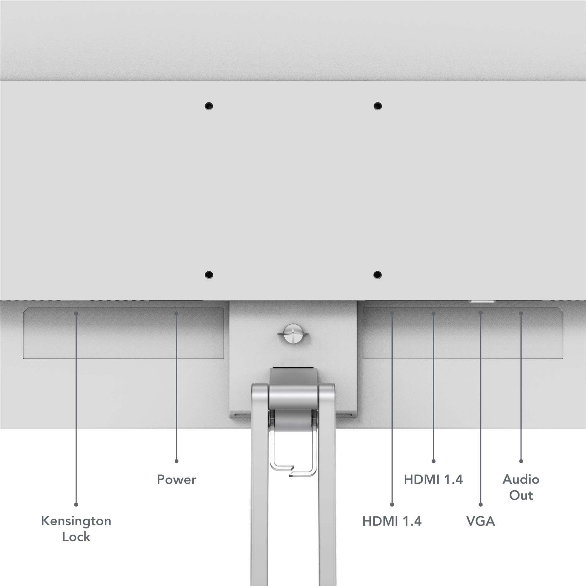 Rückseite eines Monitors mit Kensington-Schloss, Stromanschluss, HDMI, VGA und Audioausgang. Vier schwarze Punkte sind sichtbar.