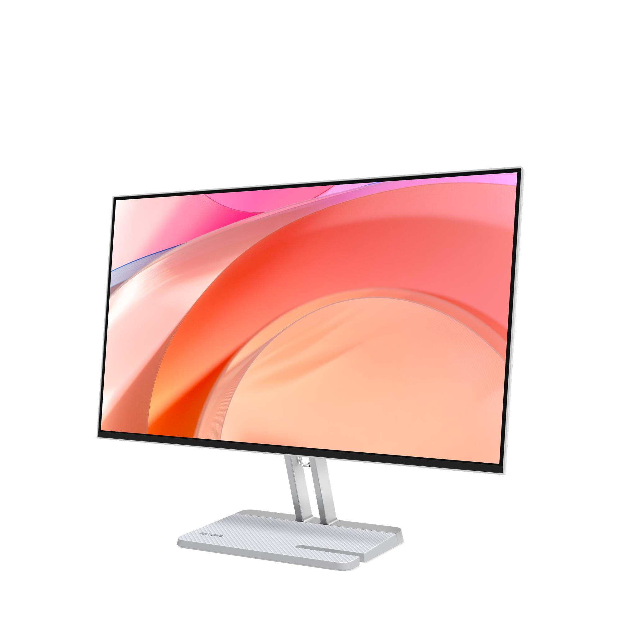 Ein Computermonitor mit weißem Rahmen und silbernem Ständer. Der Bildschirm zeigt ein abstraktes rosa-oranges Design.