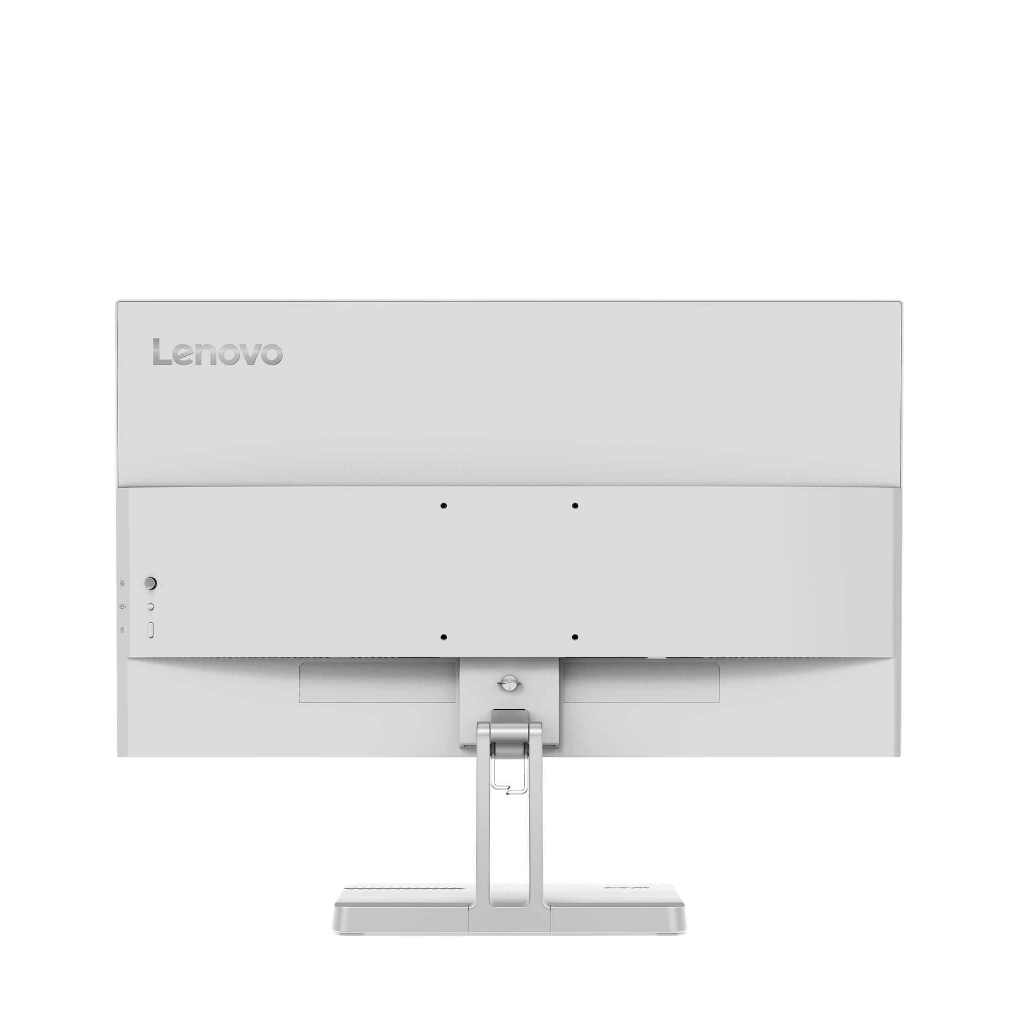Die Rückseite eines weißen Lenovo-Monitors wird gezeigt. Der Ständer ist ebenfalls weiß und das Lenovo-Logo ist sichtbar.