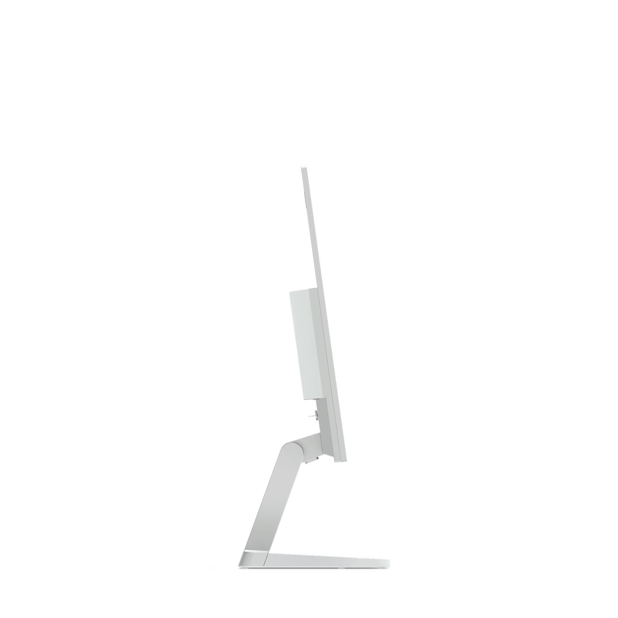 Seitenansicht eines weißen Computermonitors. Der Bildschirm ist dünn und rechteckig. Der Ständer ist abgewinkelt, mit einem Sockel.