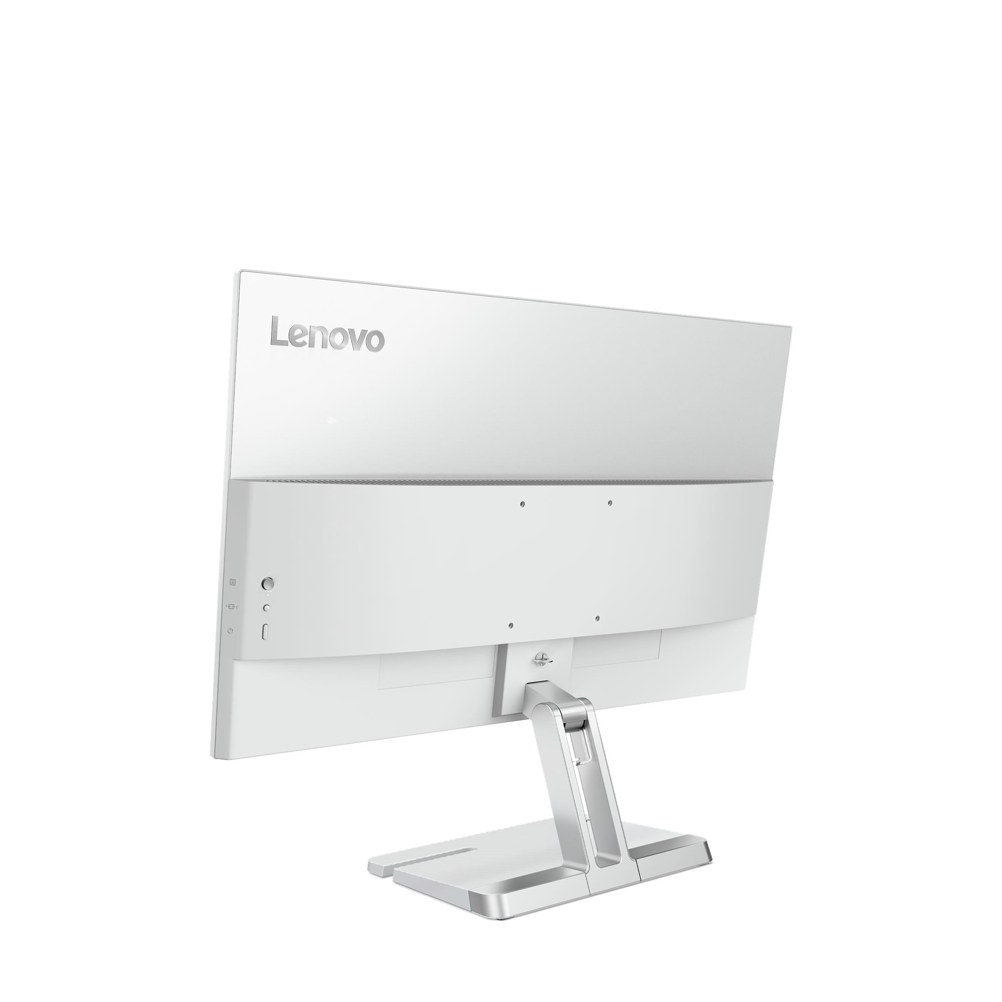 Rückseite eines weißen Lenovo-Monitors mit silbernem Ständer und Anschlüssen.