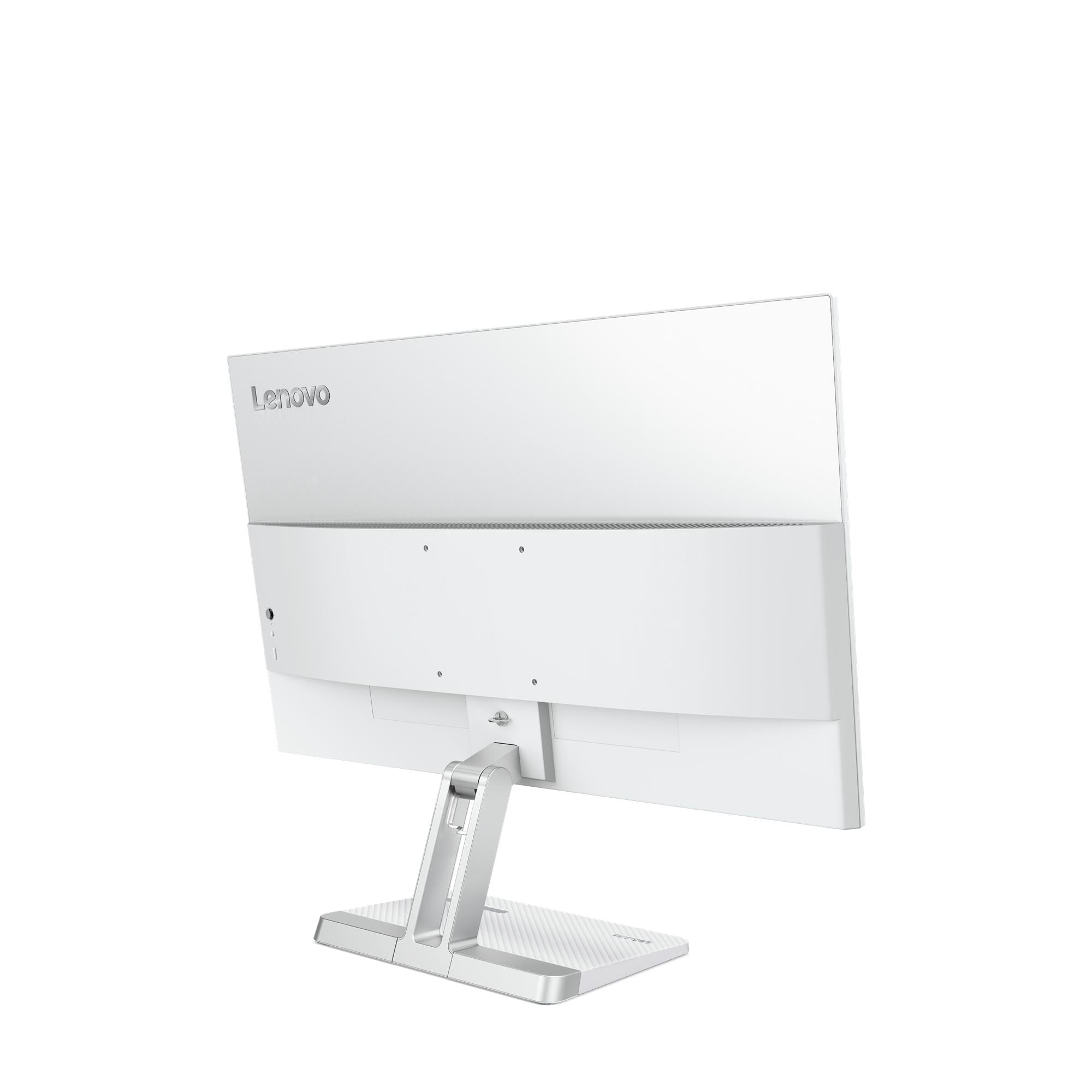 Rückseite eines weißen Lenovo-Monitors. Ständer und Fuß sind silberfarben. Das Lenovo-Logo ist sichtbar.