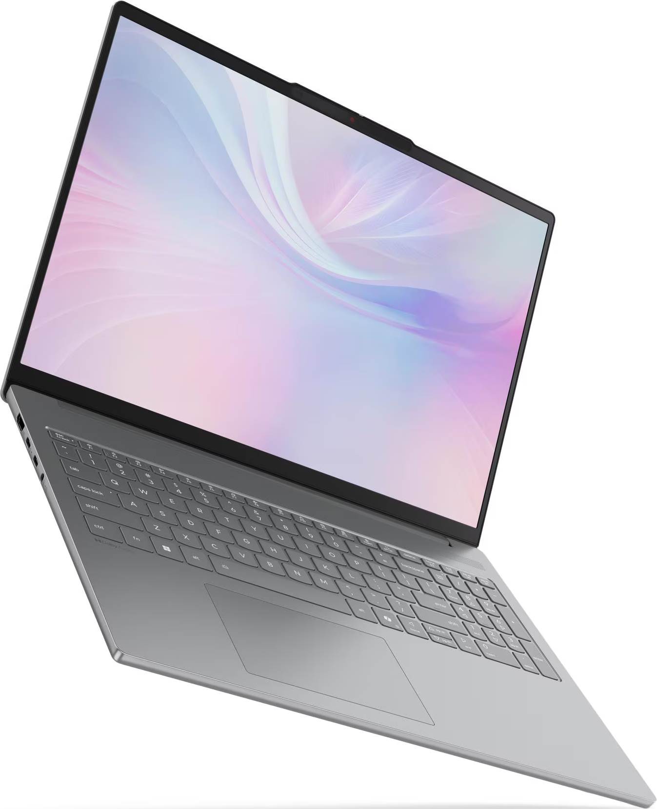 Silberner Laptop mit geöffnetem Bildschirm, der ein farbenfrohes abstraktes Design zeigt. Tastatur sichtbar. Weißer Hintergrund.
