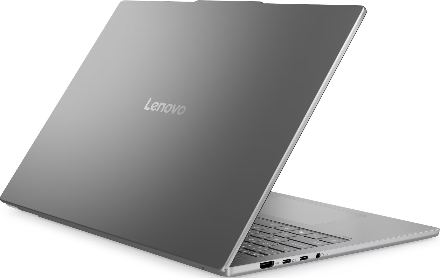 Ein grauer Lenovo-Laptop ist geöffnet und zeigt Tastatur und Bildschirm. Das Lenovo-Logo ist auf dem Deckel sichtbar.