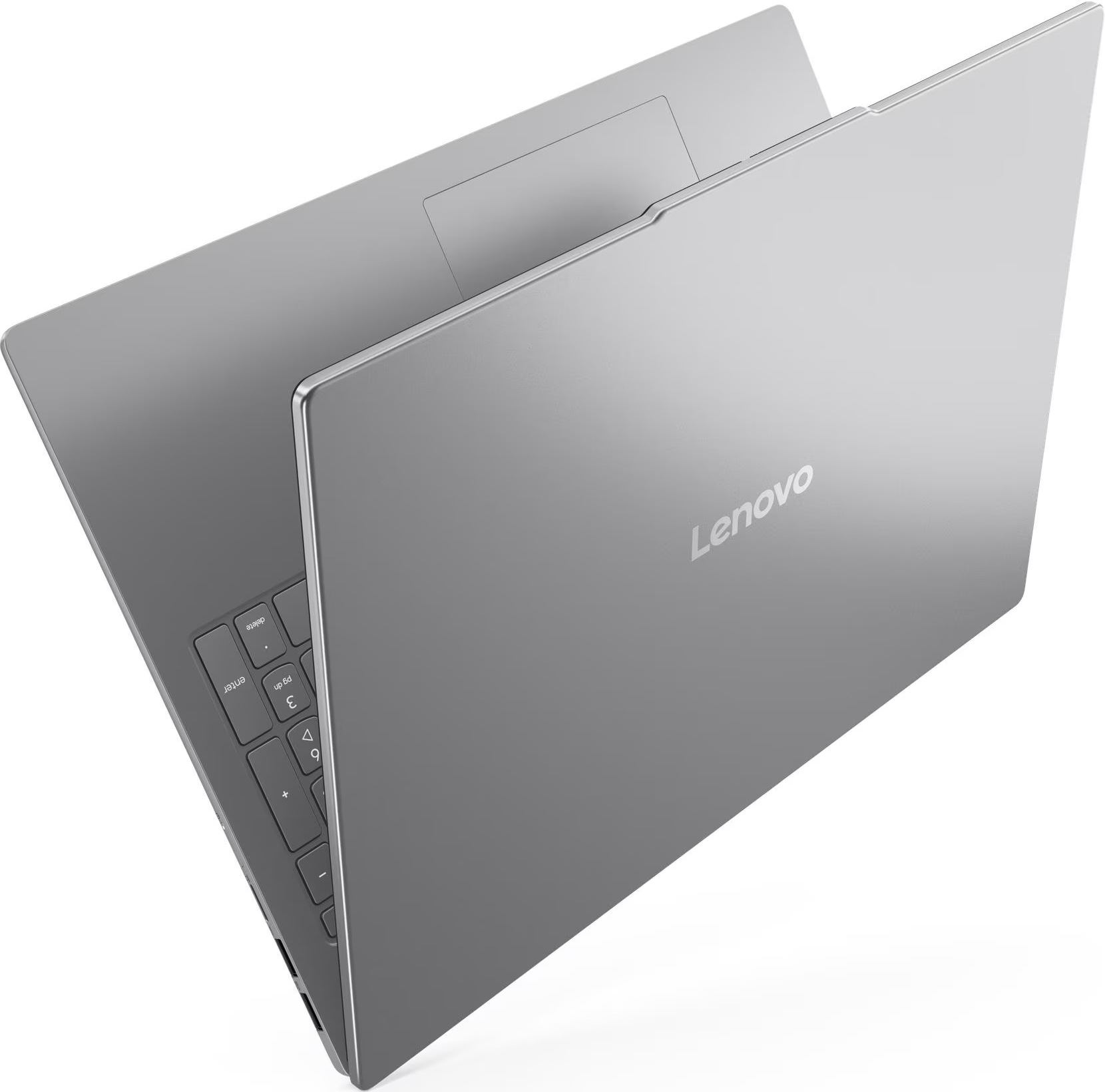 Ein silberner Lenovo-Laptop ist geöffnet. Die Tastatur ist sichtbar, mit dem Lenovo-Logo auf dem Deckel.