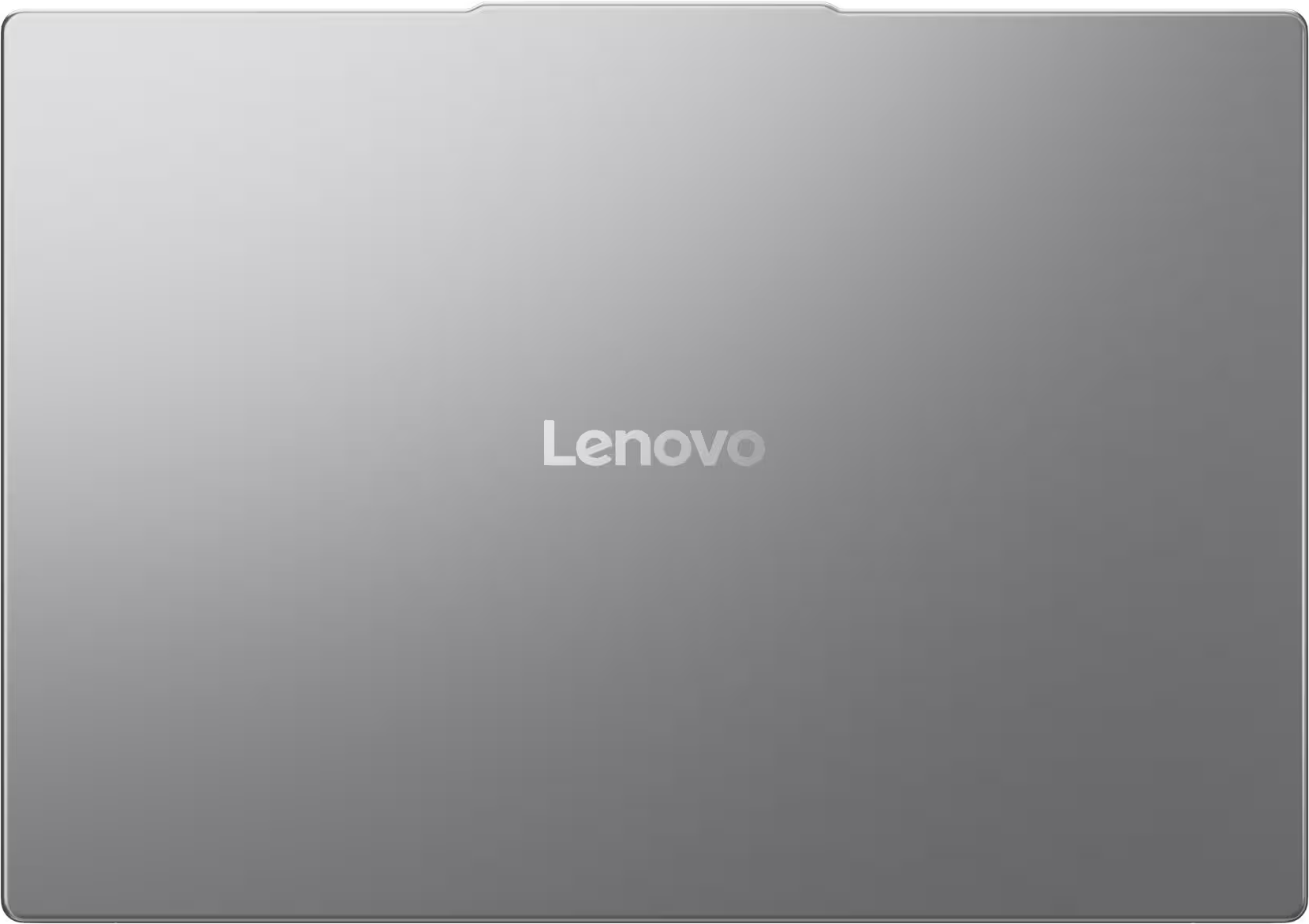 Grauer Lenovo-Laptopdeckel. Das Lenovo-Logo ist zentriert. Der Deckel hat eine kleine Kerbe am oberen Rand.