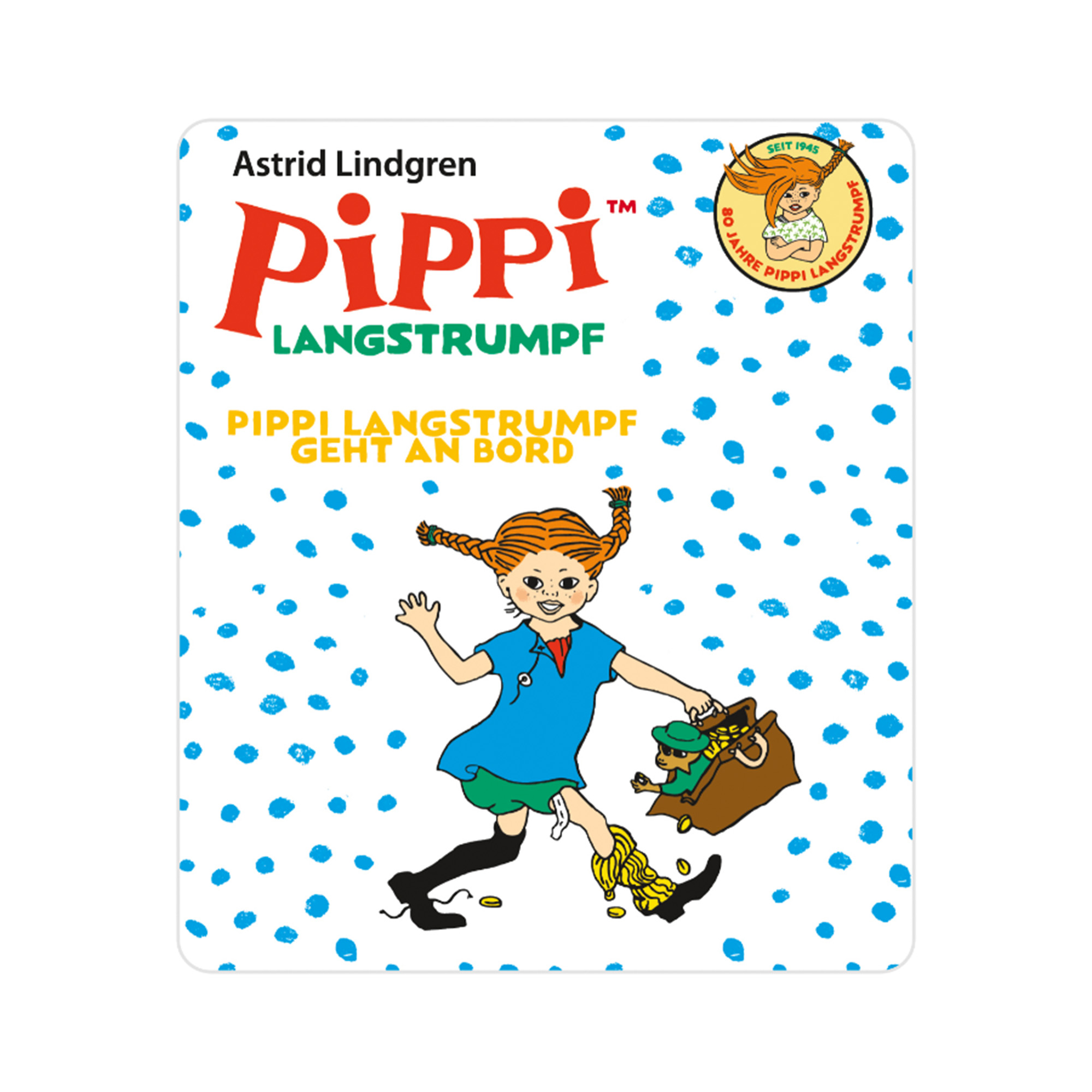 Illustration von Pippi Langstrumpf mit Zöpfen, in einem blauen Kleid, mit einer Tasche voller Münzen. Der Hintergrund hat blaue Punkte.