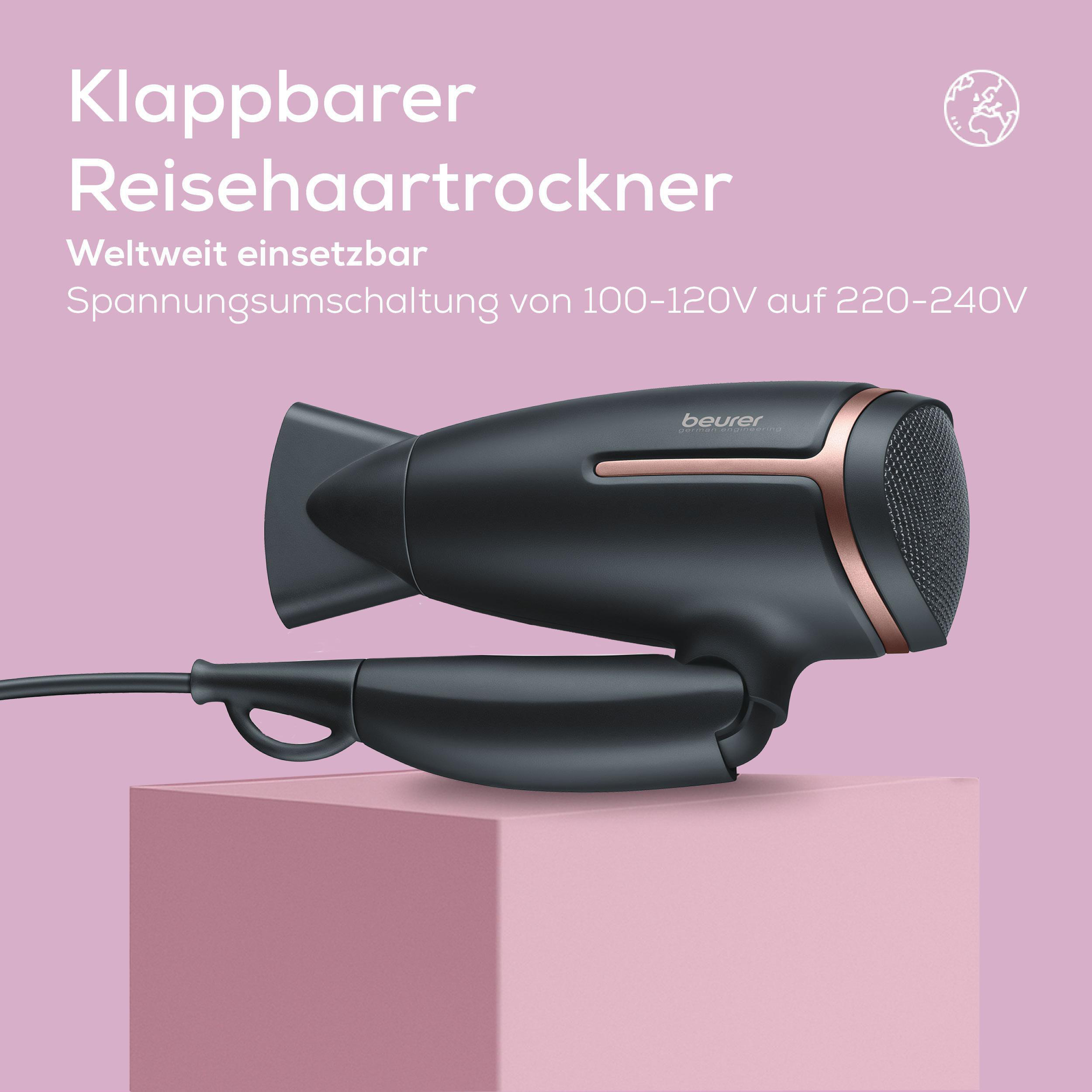 Ein schwarzer und roségoldener Reisehaartrockner auf einem rosa Block, mit deutschem Text.