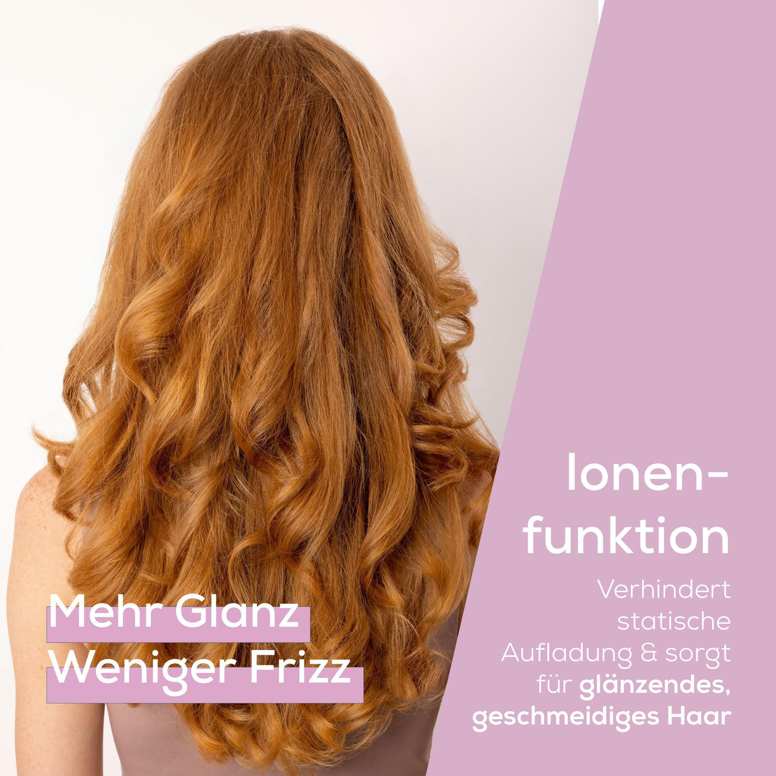 Frau mit langem, gewelltem rotem Haar. Text auf rosa Hintergrund: 'Mehr Glanz, Weniger Frizz' und Vorteile.