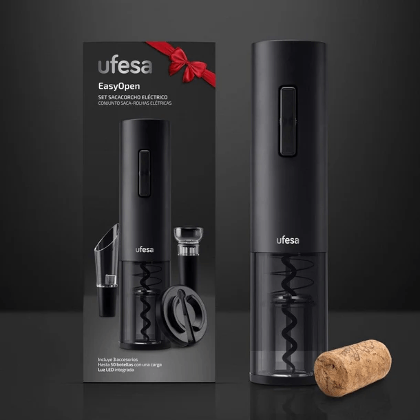 Juego de abridor de vino eléctrico negro con accesorios y un corcho. La caja dice 'EasyOpen' y 'ufesa'.