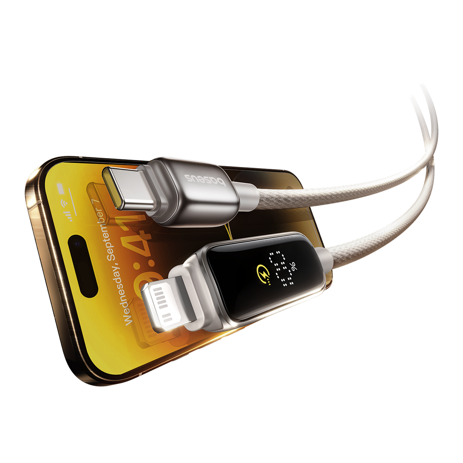 Un teléfono cargando con un cable. El cable tiene una pantalla que muestra el estado de carga y un conector Lightning.