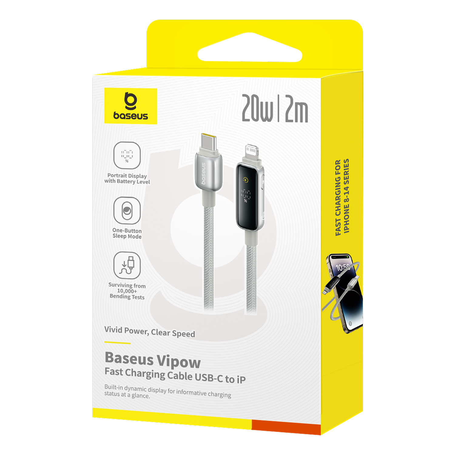 Caja del cable de carga rápida Baseus Vipow. Muestra el cable y el teléfono, con funciones como el nivel de batería y el modo de suspensión.
