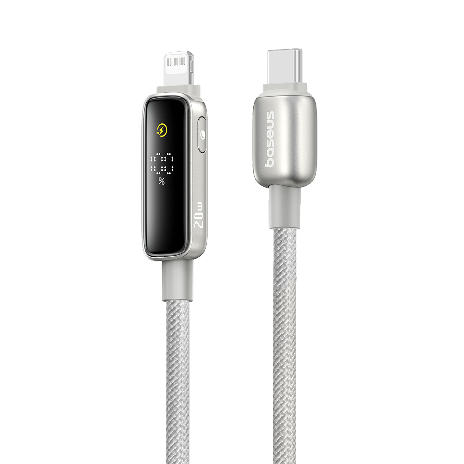 Cable de carga Baseus plateado. Un extremo tiene un conector Lightning con una pantalla que muestra el porcentaje. El otro extremo tiene un USB-C.
