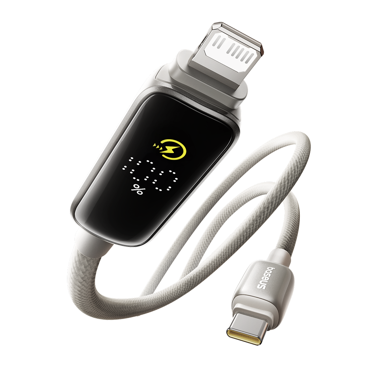 Cable de carga con conectores Lightning y USB-C y pantalla digital sobre un fondo negro.