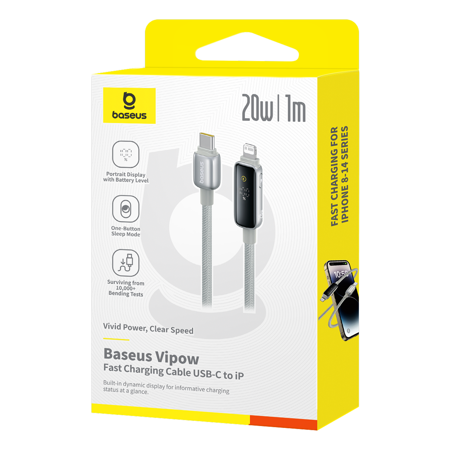 Caja de cable de carga rápida Baseus Vipow. Características: pantalla, 20W, 1m de longitud. Para iPhone 8-14.