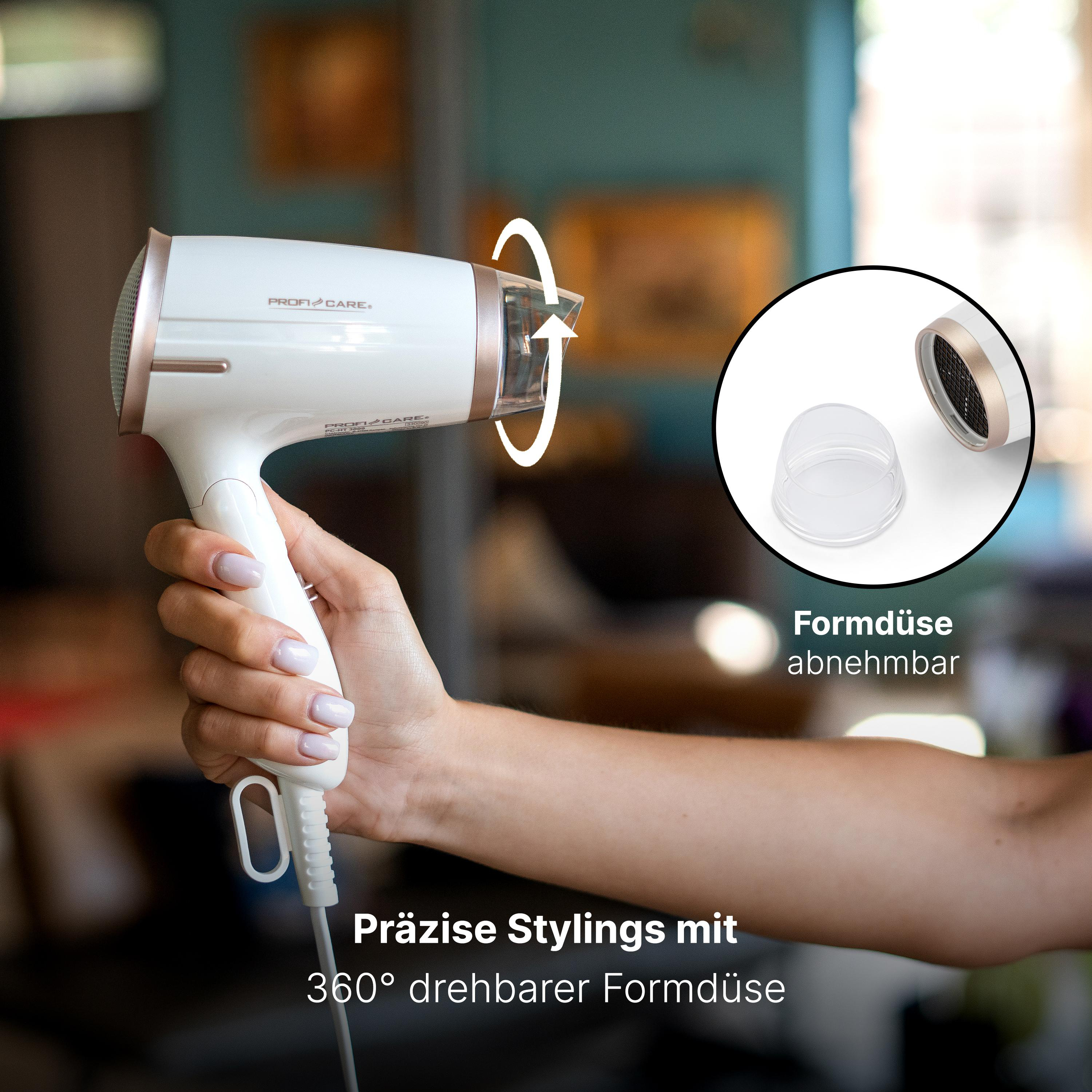 Ein weißer Haartrockner mit abnehmbarer Düse wird von einer Hand gehalten. Text: 'Präzises Styling mit 360° drehbarer Düse'.