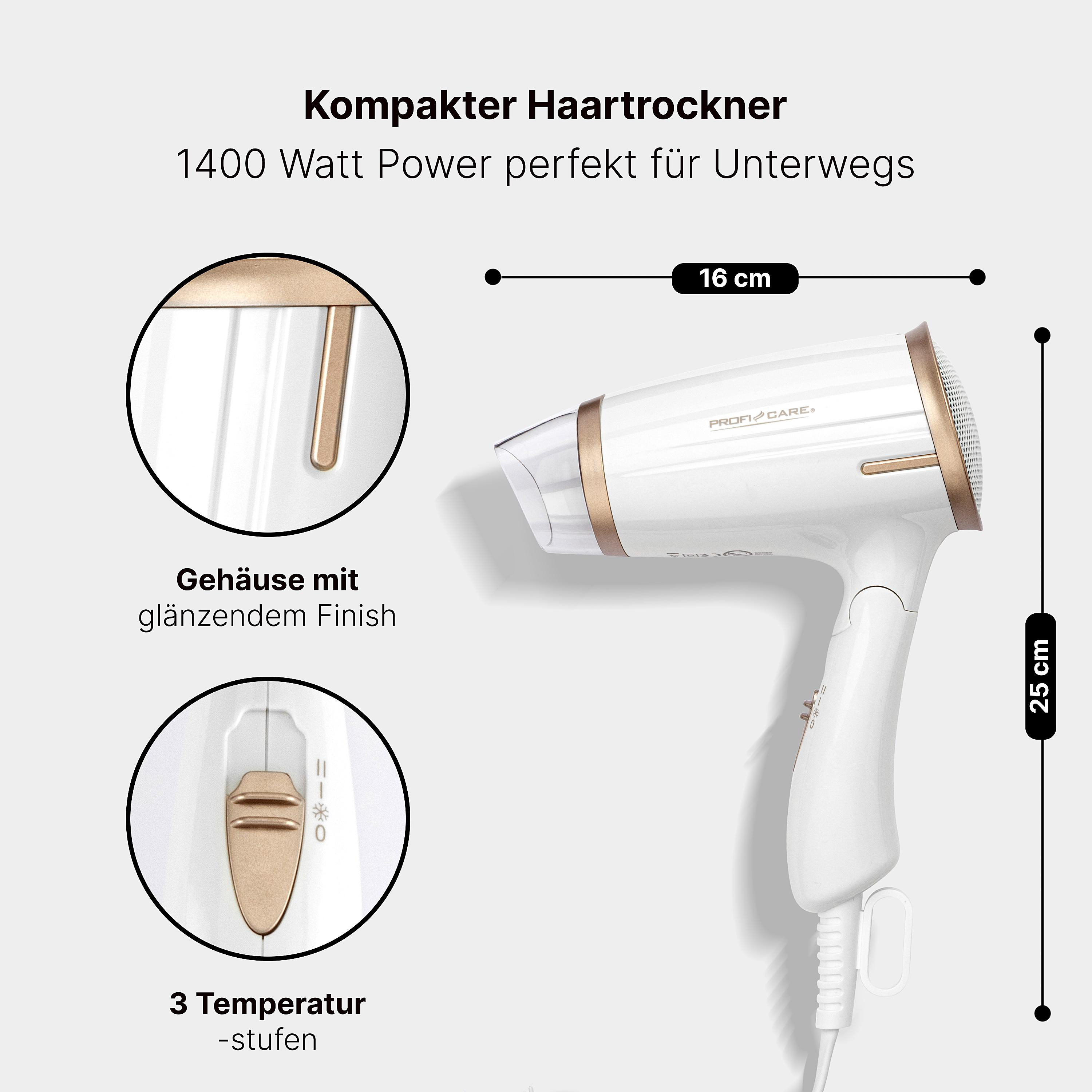Ein weißer und goldfarbener Haartrockner. Er hat eine Leistung von 1400 Watt und 3 Temperatureinstellungen. Maße sind angegeben.