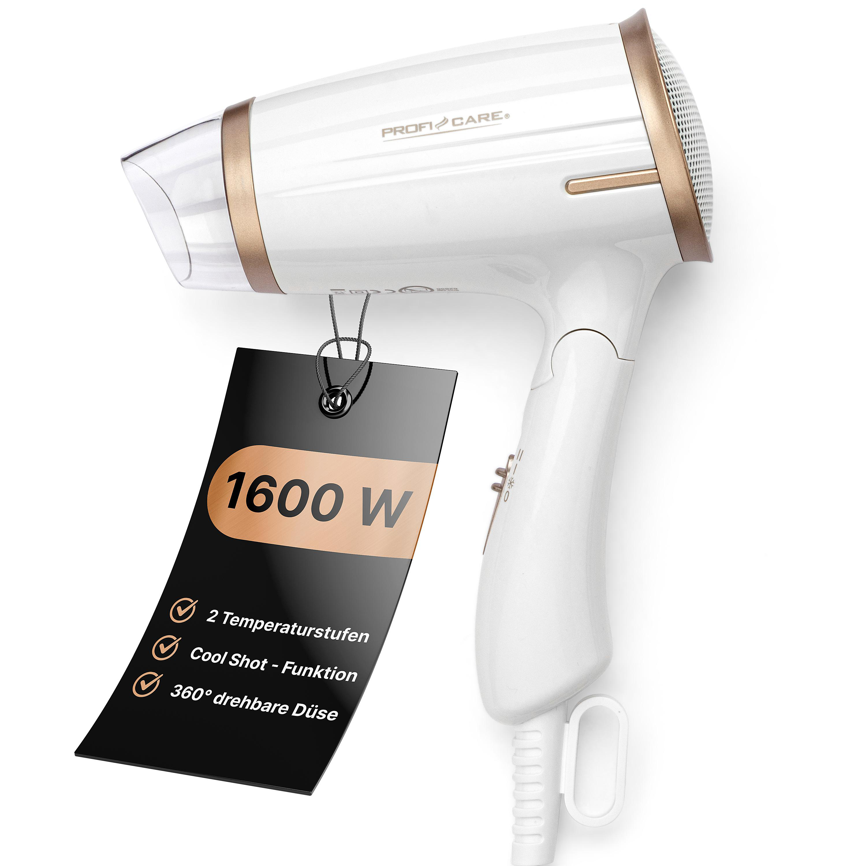 Ein weißer Haartrockner mit goldenen Akzenten und einem schwarzen Anhänger. Der Anhänger zeigt 1600W.