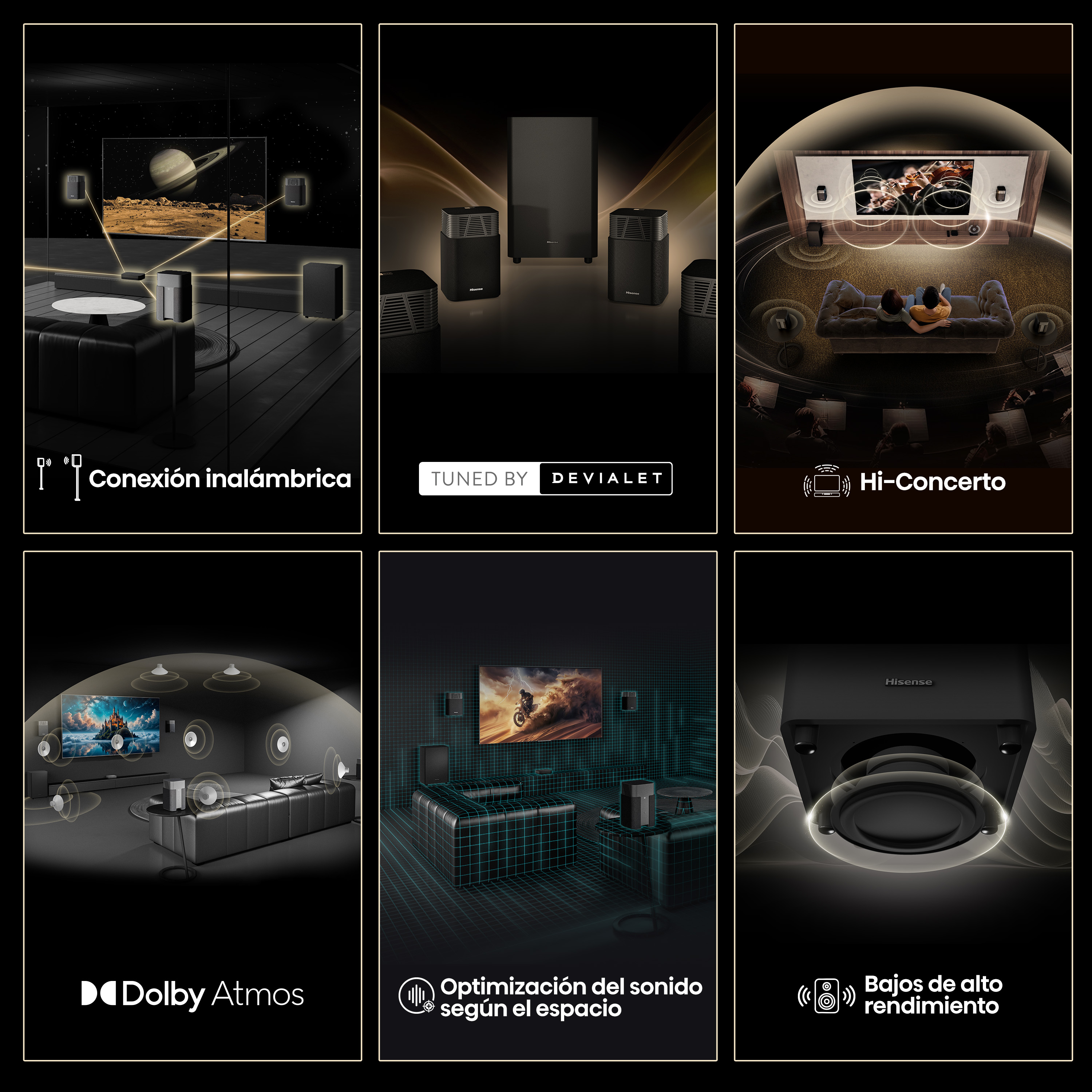 La imagen muestra altavoces inalámbricos, sintonizados por Devialet, Dolby Atmos, Hi-Concierto y bajos de alto rendimiento, con optimización espacial.