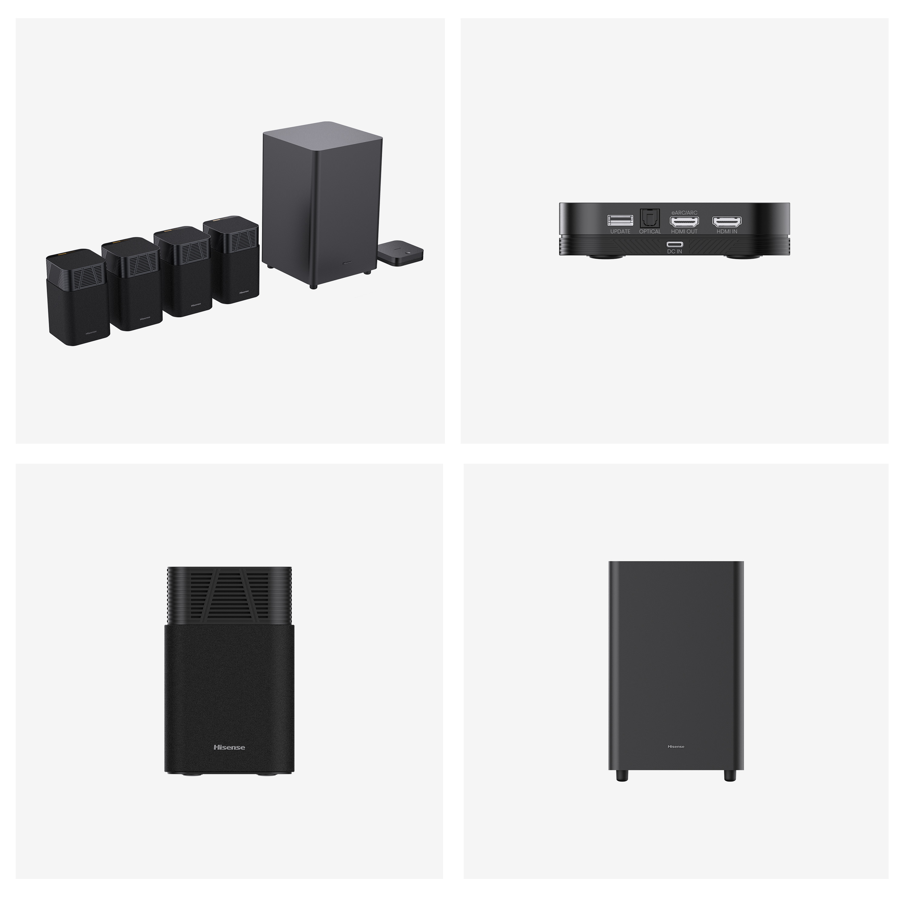 Un sistema de sonido negro con subwoofer, cuatro altavoces y una pequeña unidad de control, todo sobre fondo blanco.