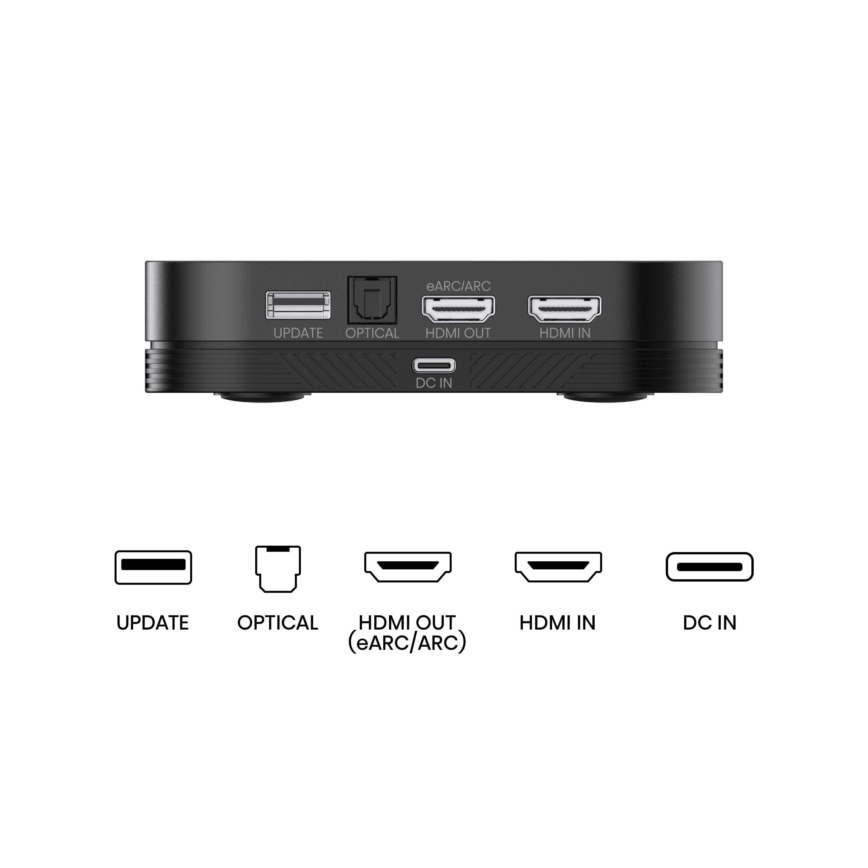 Dispositivo negro con puertos: actualización, óptica, salida HDMI, entrada HDMI y entrada CC. Etiquetas debajo.