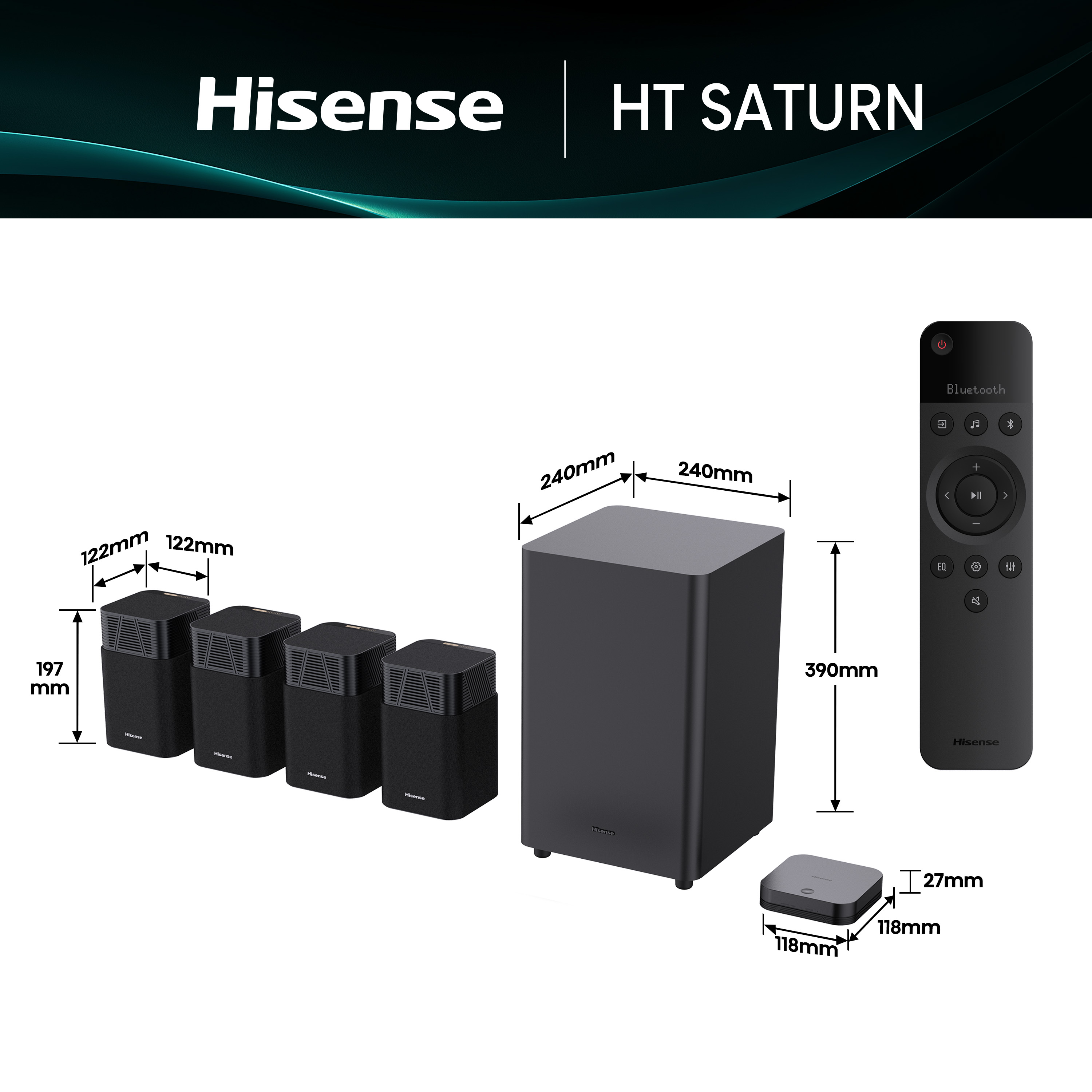 Sistema de sonido Hisense HT SATURN, incluye altavoces, subwoofer, mando a distancia y caja de control. Color negro.