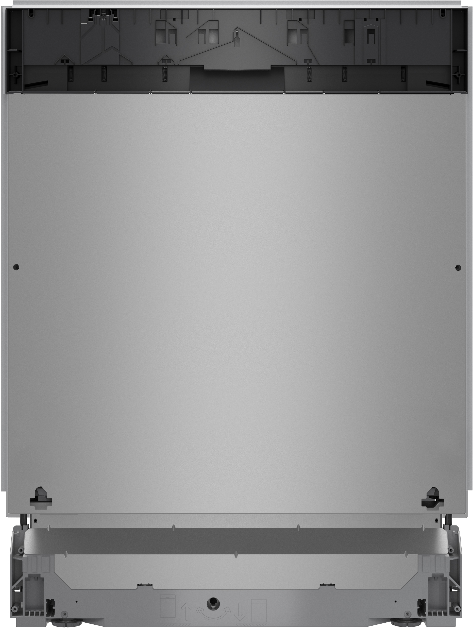 A gray dishwasher front. Top section is dark gray. Bottom has a light gray base. Arrows and symbols are visible.