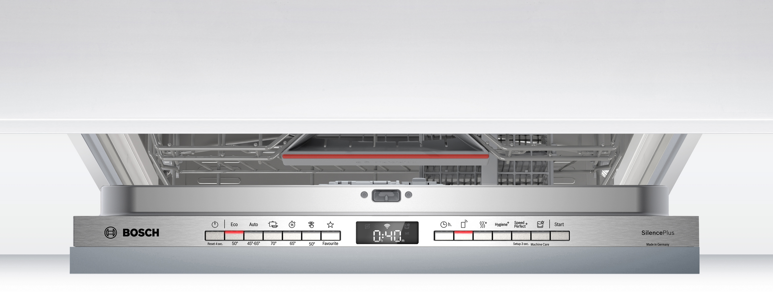 A Bosch SilencePlus dishwasher. It has a stainless steel front with control panel, a display showing 0:40, and open door.