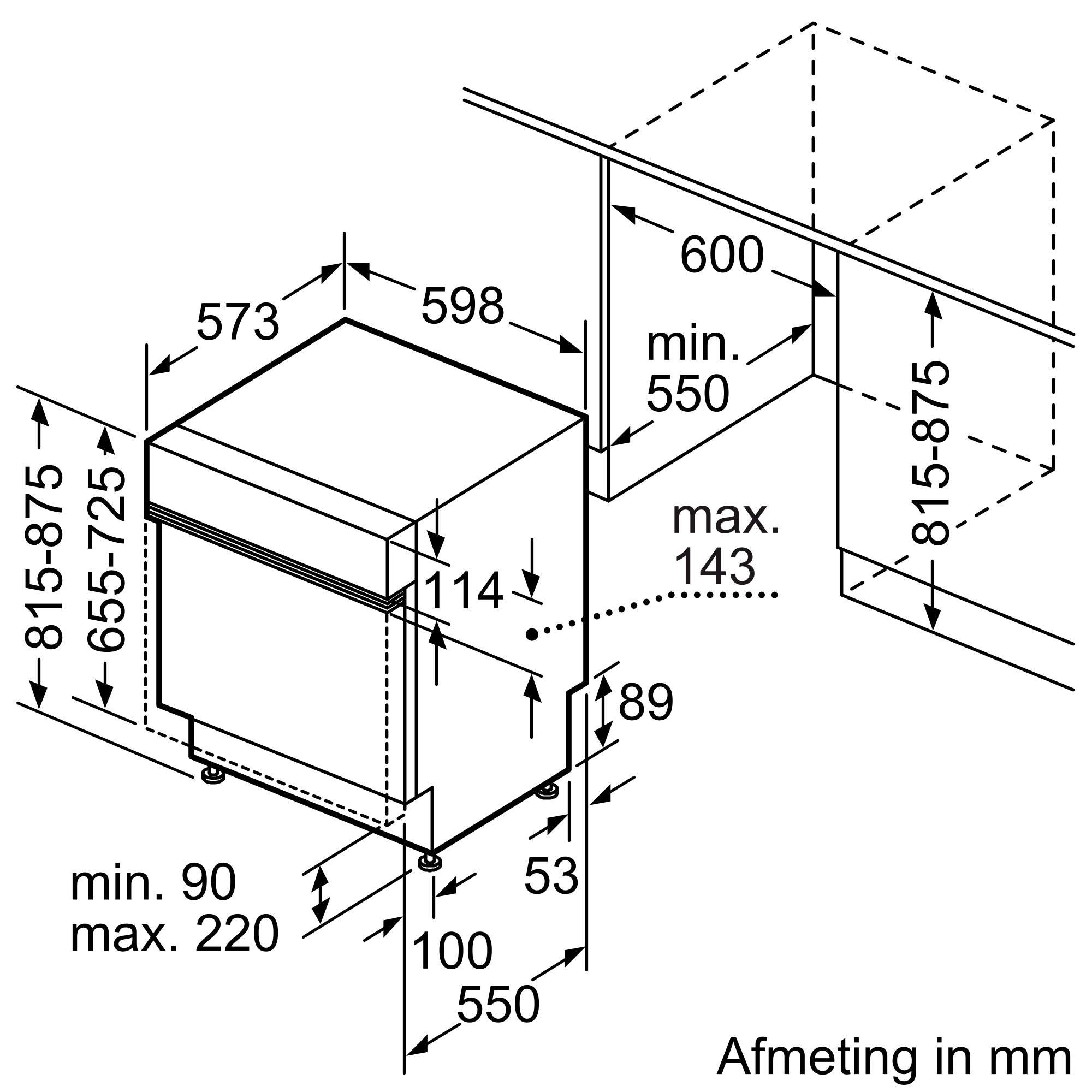 Diagram of a dishwasher with dimensions in mm. Shows height, width, and depth measurements for installation.